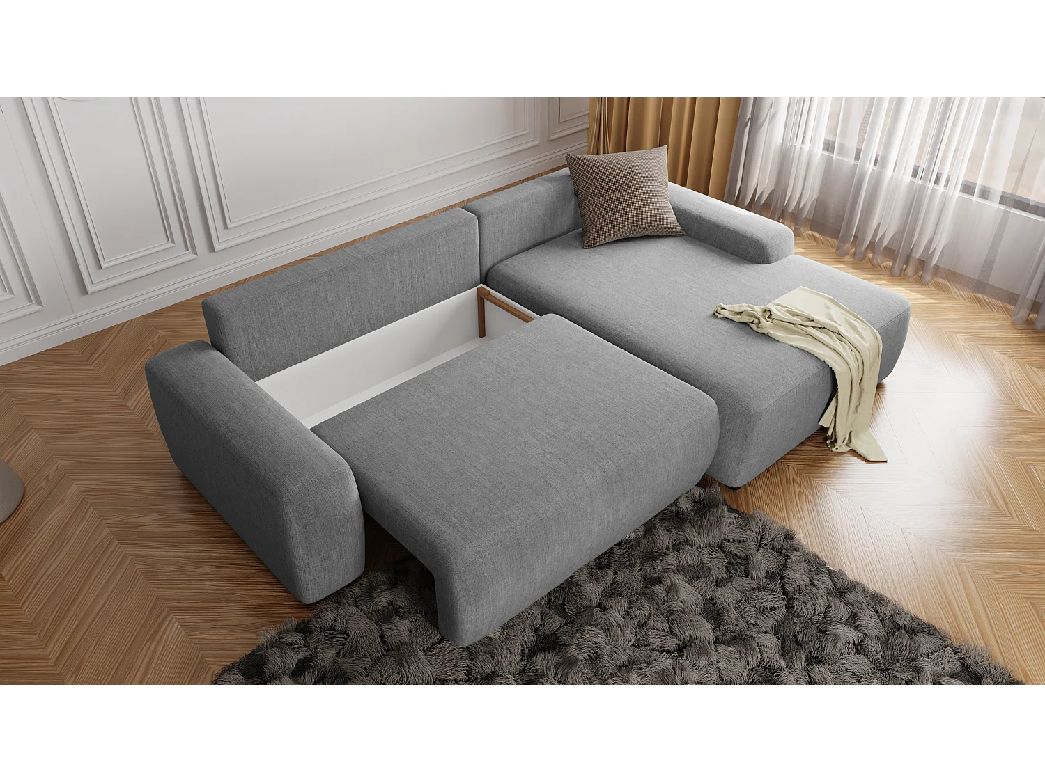 Canapé d’angle avec fonction lit et coffre de rangement en tissu velours gris clair, agréable confort d’assise ALWIN