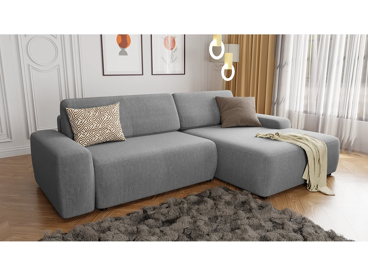 Canapé d’angle avec fonction lit et coffre de rangement en tissu velours gris clair, agréable confort d’assise ALWIN