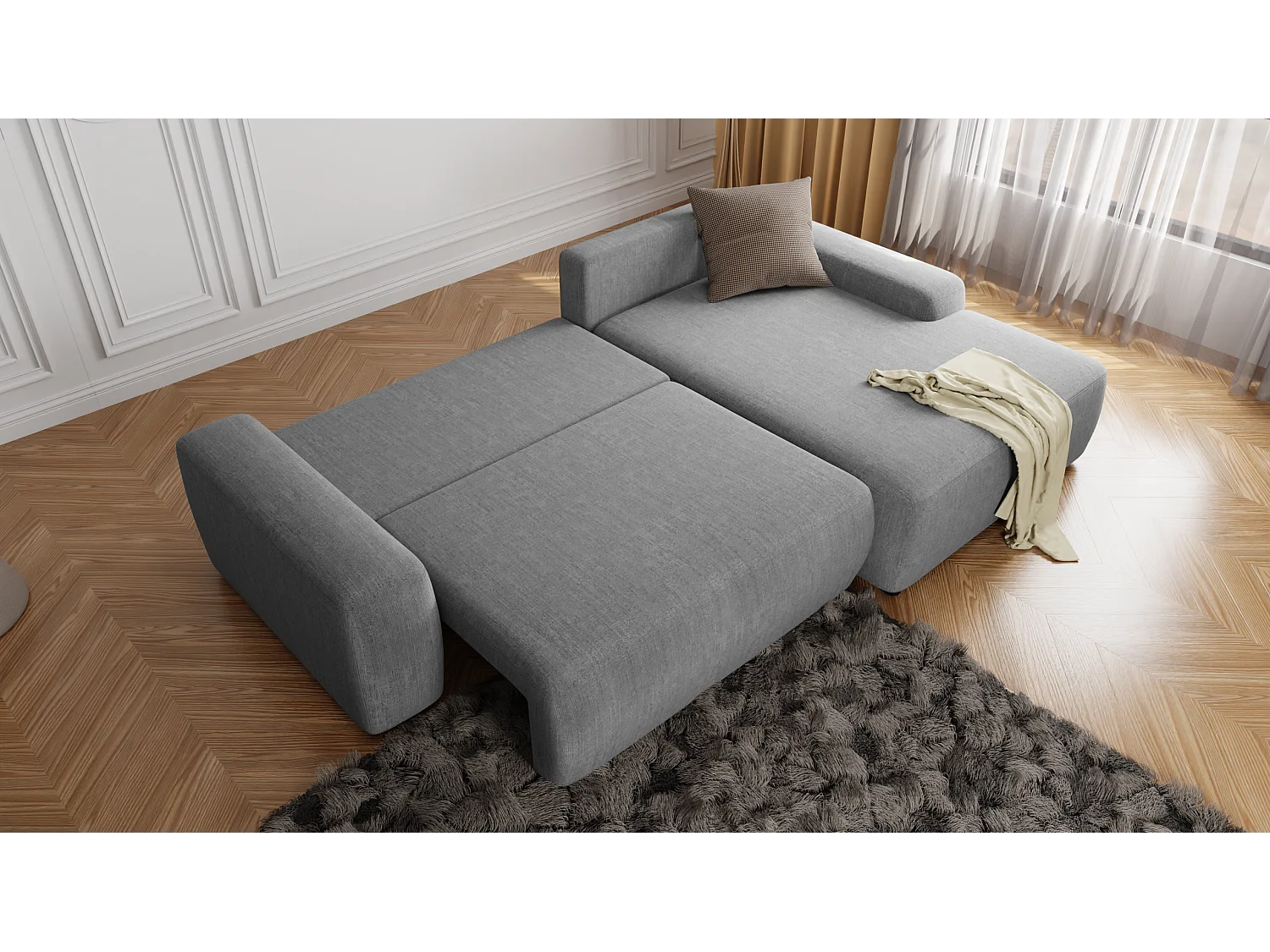 Canapé d’angle avec fonction lit et coffre de rangement en tissu velours gris clair, agréable confort d’assise ALWIN