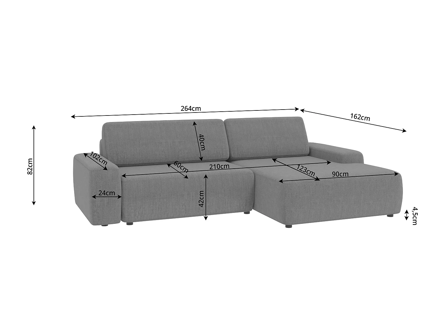 Canapé d’angle avec fonction lit et coffre de rangement en tissu velours gris clair, agréable confort d’assise ALWIN