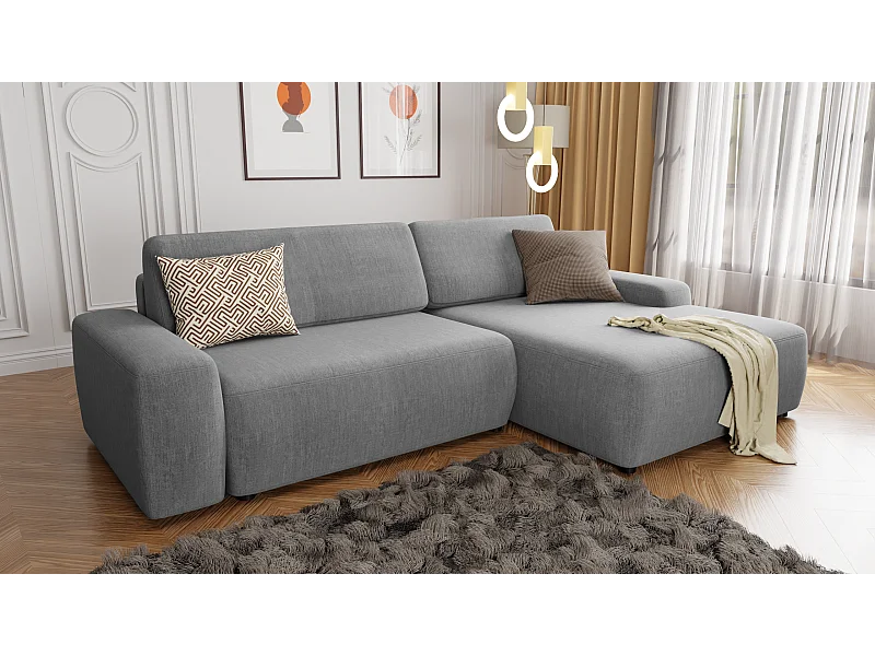 Canapé d’angle avec fonction lit et coffre de rangement en tissu velours gris clair, agréable confort d’assise ALWIN