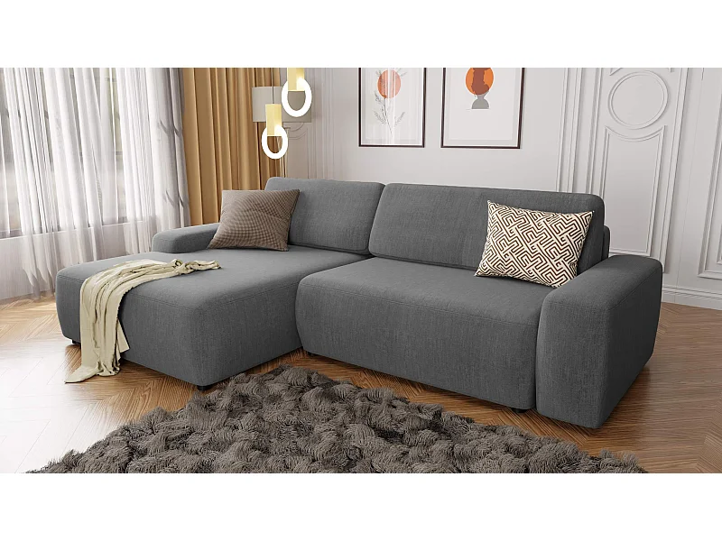 Canapé d’angle avec fonction lit et coffre de rangement en tissu velours gris, agréable confort d’assise ALWIN