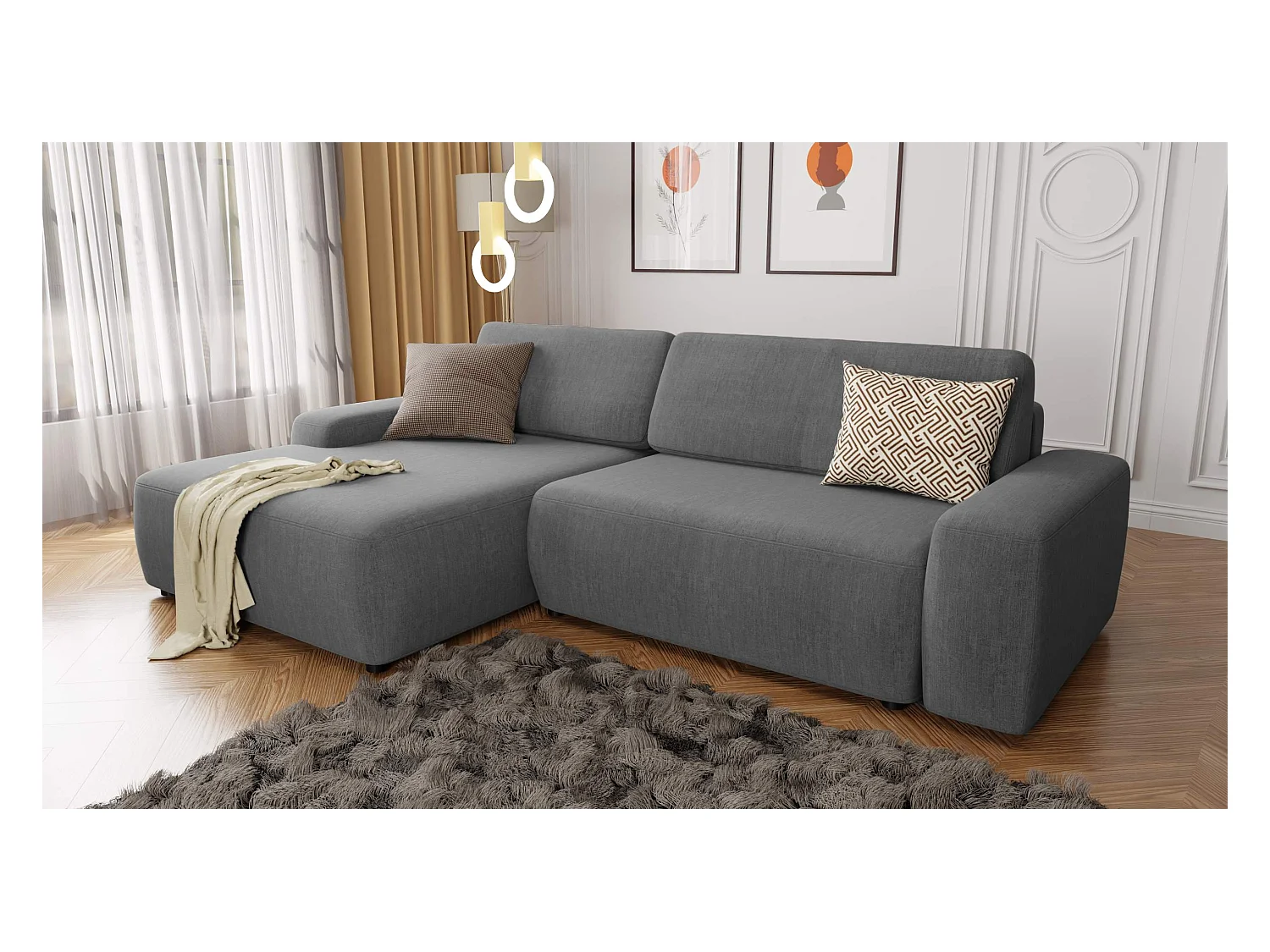 Canapé d’angle avec fonction lit et coffre de rangement en tissu velours gris, agréable confort d’assise ALWIN