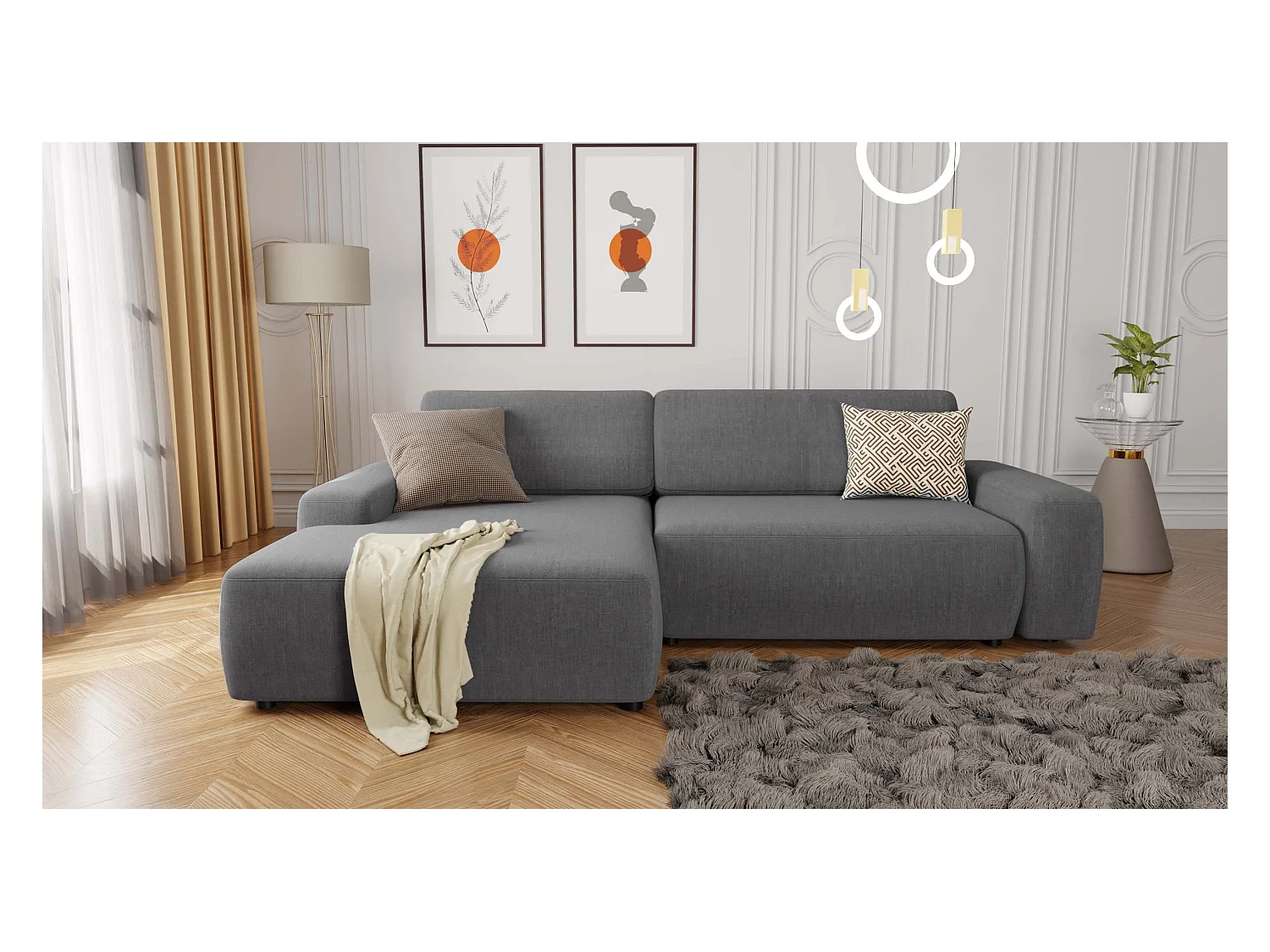 Canapé d’angle avec fonction lit et coffre de rangement en tissu velours gris, agréable confort d’assise ALWIN