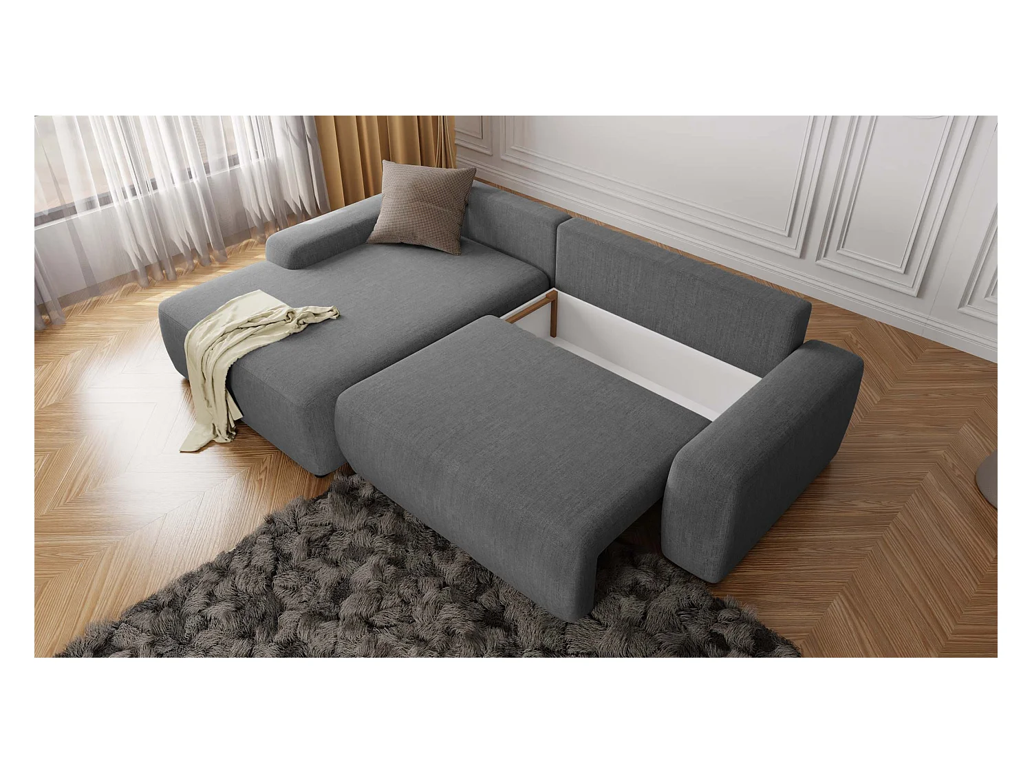 Canapé d’angle avec fonction lit et coffre de rangement en tissu velours gris, agréable confort d’assise ALWIN