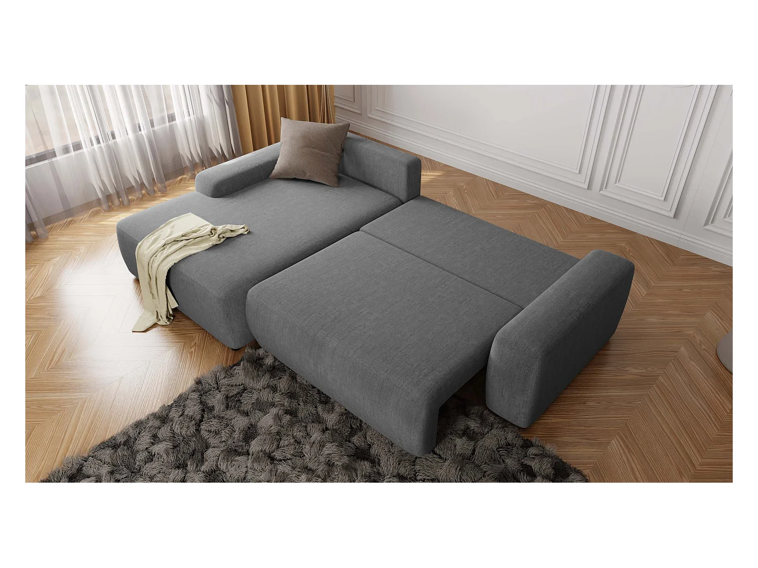 Canapé d’angle avec fonction lit et coffre de rangement en tissu velours gris, agréable confort d’assise ALWIN