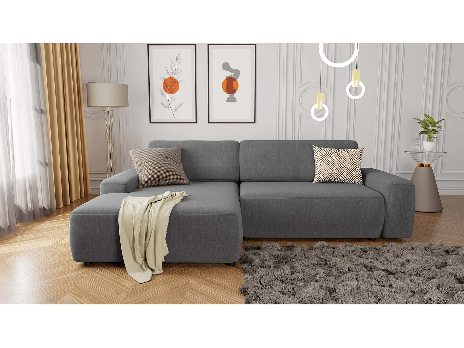 Canapé d’angle avec fonction lit et coffre de rangement en tissu velours gris, agréable confort d’assise ALWIN