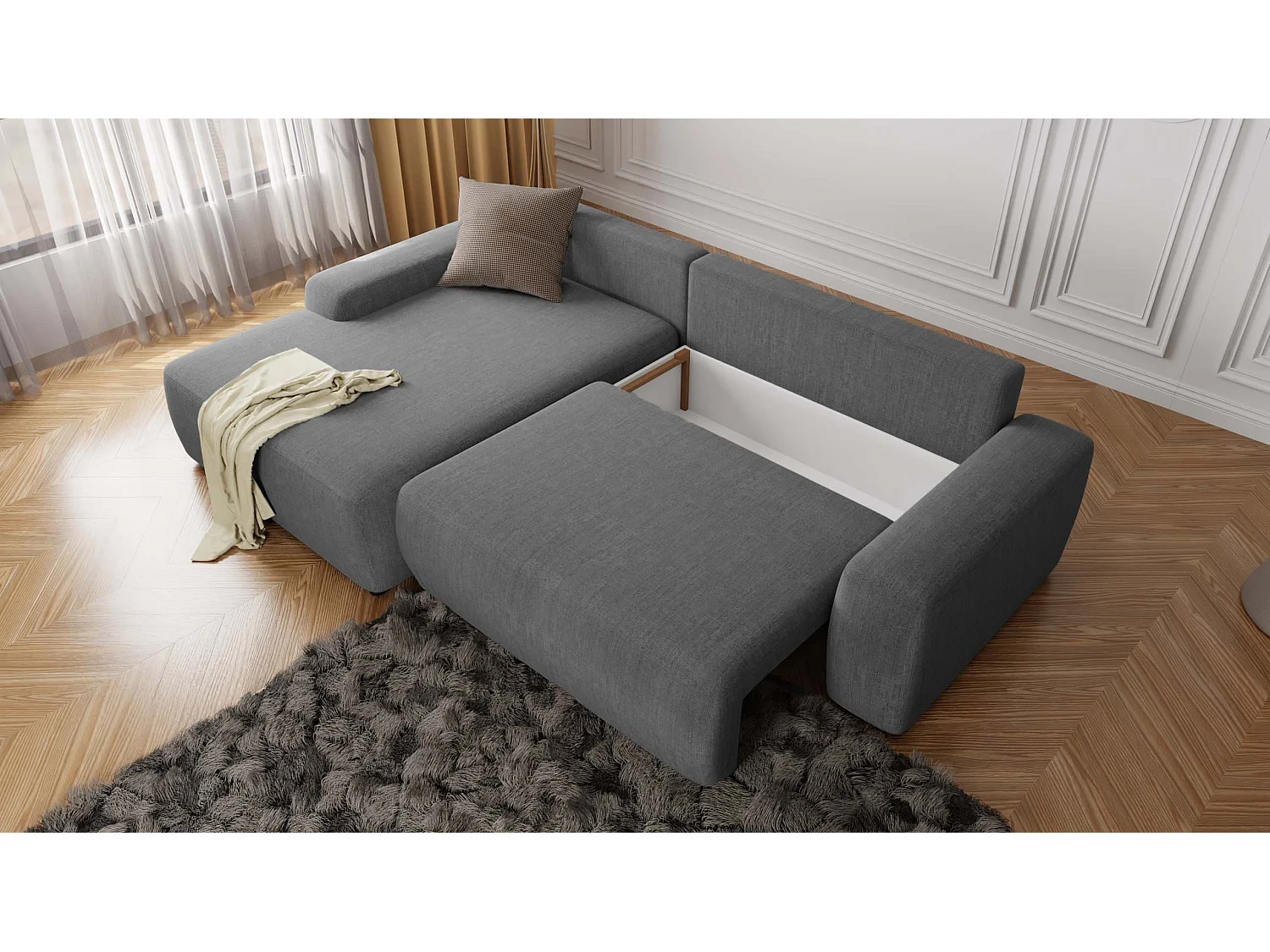 Canapé d’angle avec fonction lit et coffre de rangement en tissu velours gris, agréable confort d’assise ALWIN