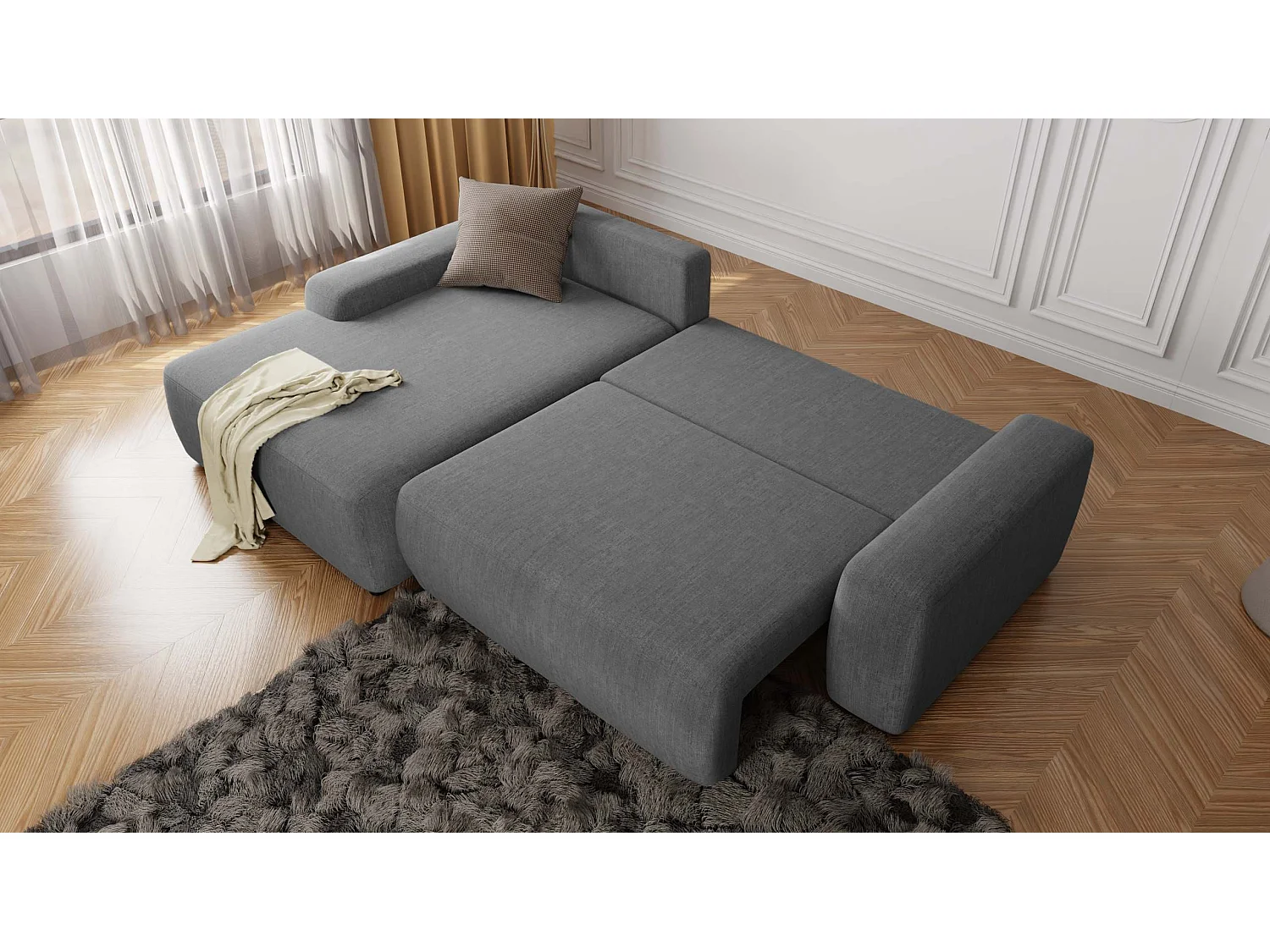 Canapé d’angle avec fonction lit et coffre de rangement en tissu velours gris, agréable confort d’assise ALWIN