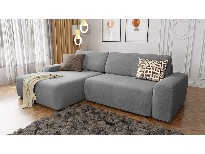 Canapé d’angle avec fonction lit et coffre de rangement en tissu velours gris clair, agréable confort d’assise ALWIN