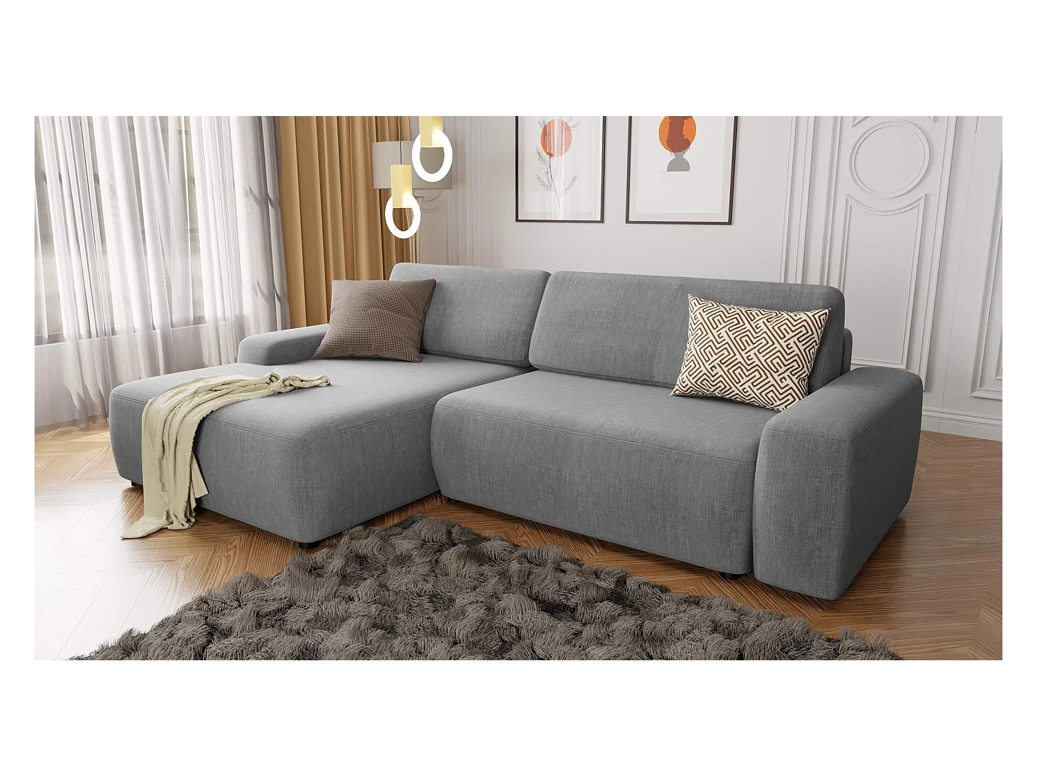 Canapé d’angle avec fonction lit et coffre de rangement en tissu velours gris clair, agréable confort d’assise ALWIN