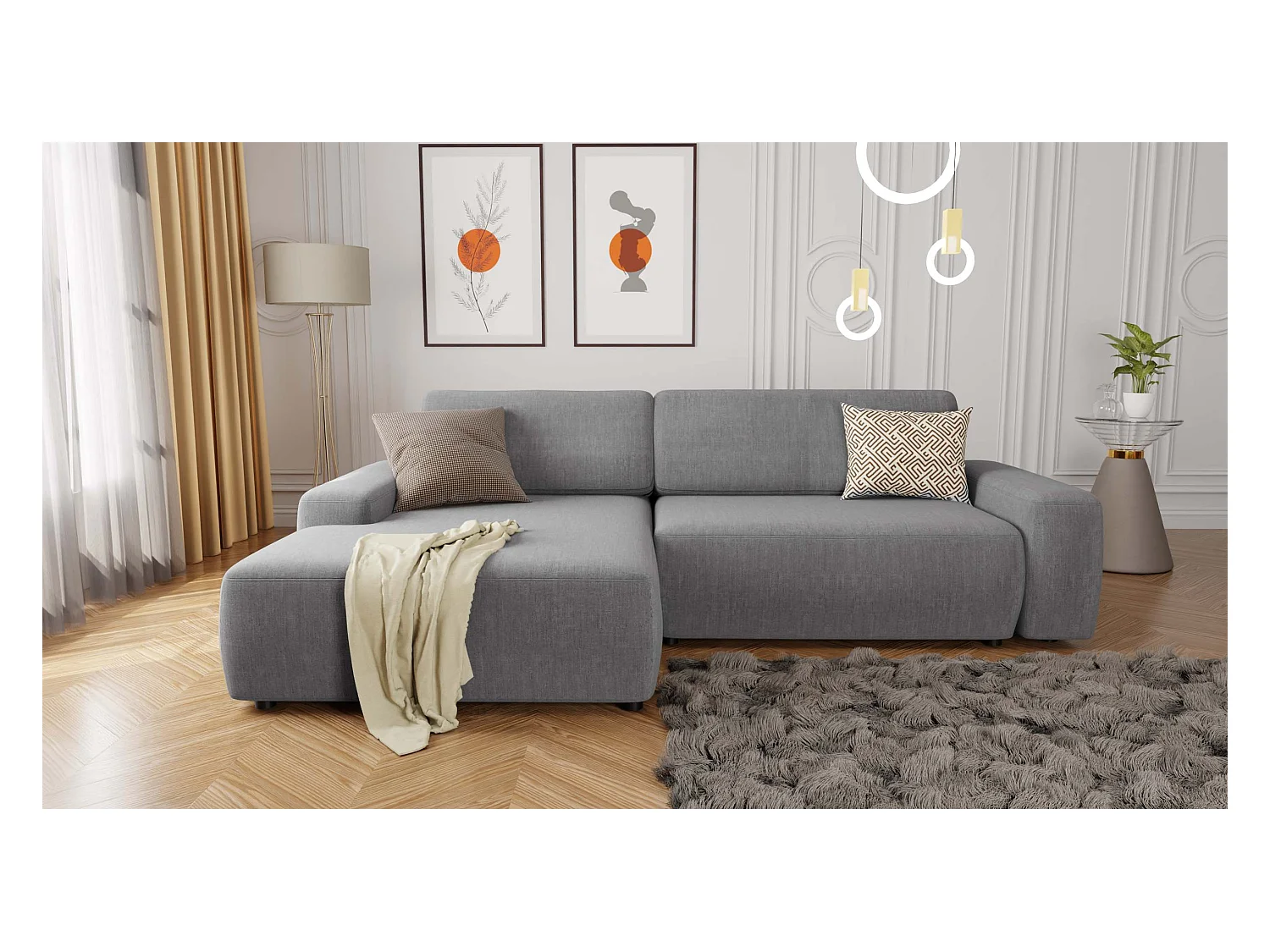 Canapé d’angle avec fonction lit et coffre de rangement en tissu velours gris clair, agréable confort d’assise ALWIN