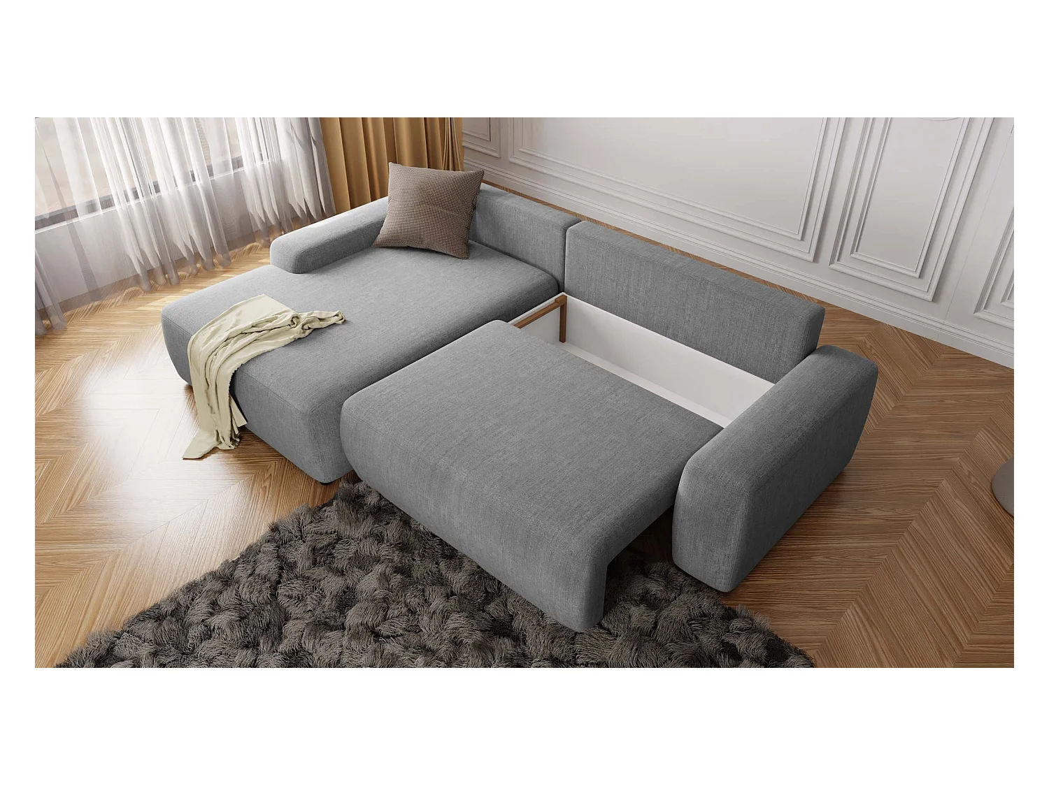 Canapé d’angle avec fonction lit et coffre de rangement en tissu velours gris clair, agréable confort d’assise ALWIN