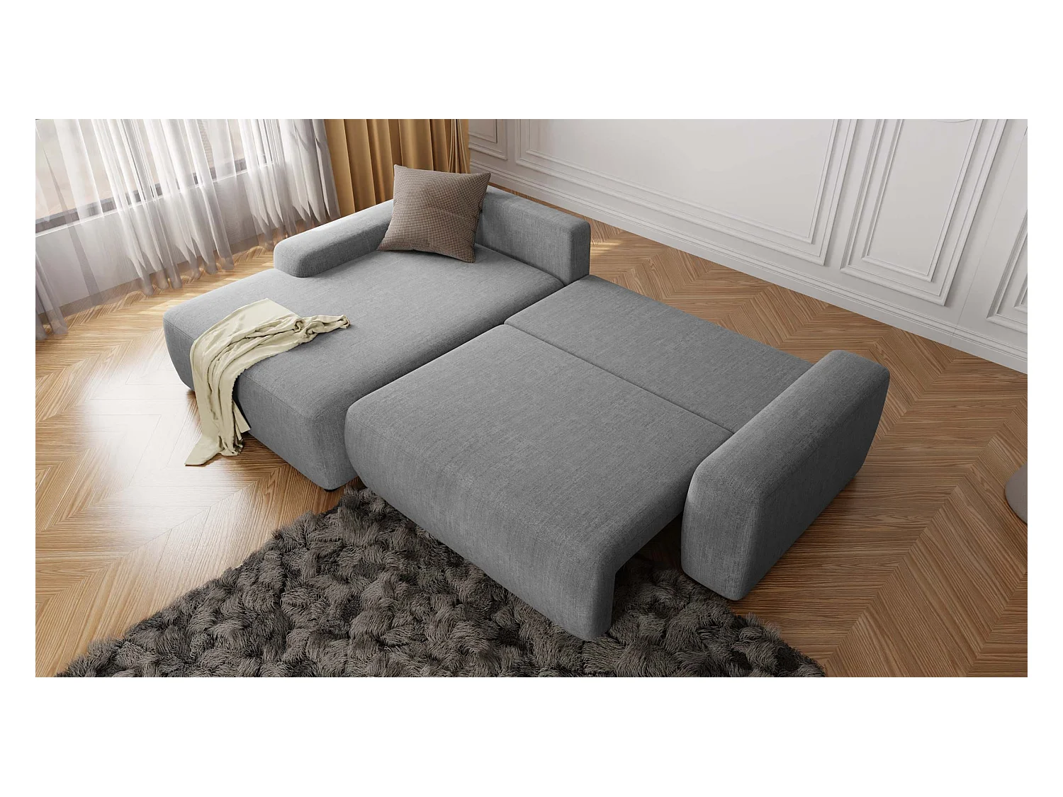 Canapé d’angle avec fonction lit et coffre de rangement en tissu velours gris clair, agréable confort d’assise ALWIN
