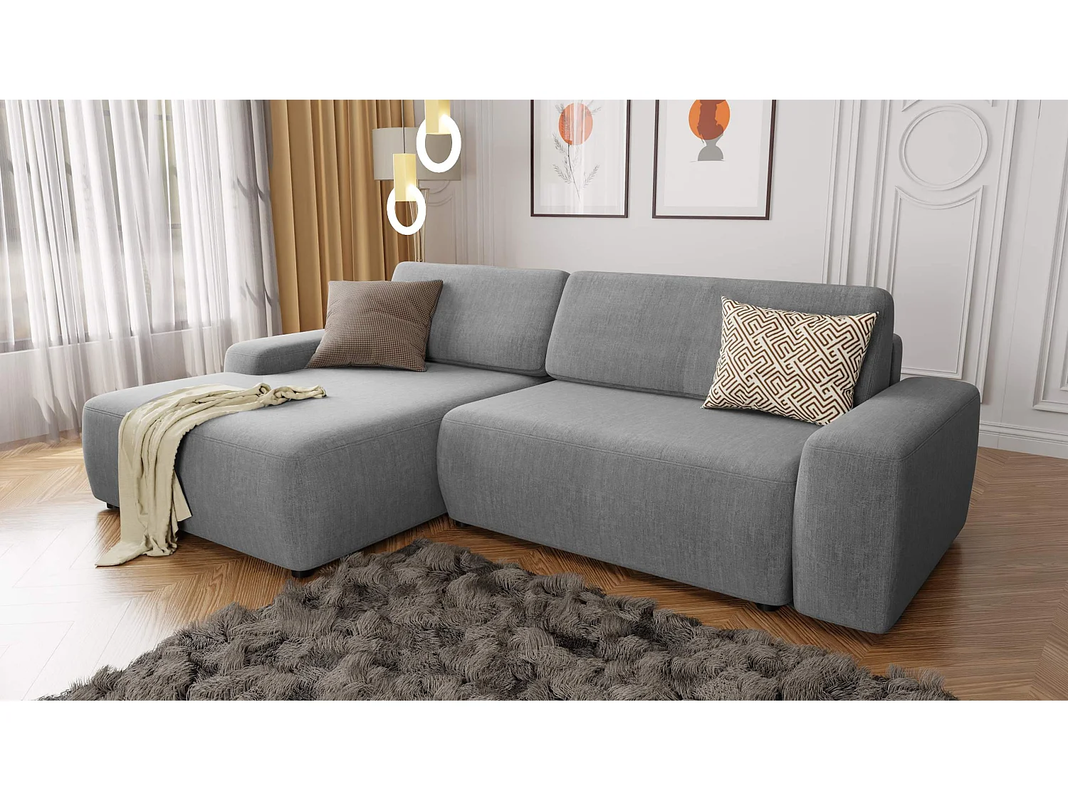 Canapé d’angle avec fonction lit et coffre de rangement en tissu velours gris clair, agréable confort d’assise ALWIN
