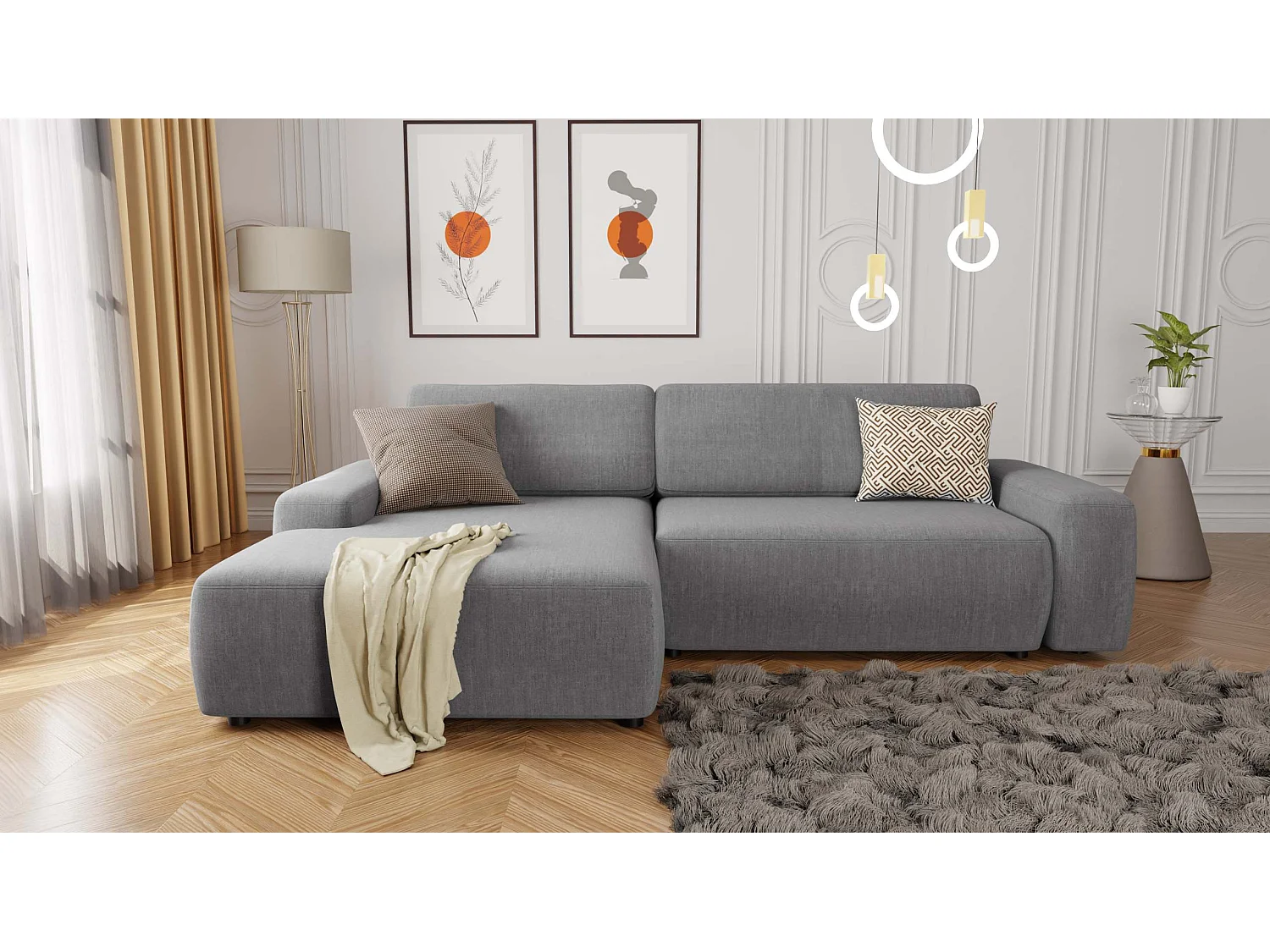 Canapé d’angle avec fonction lit et coffre de rangement en tissu velours gris clair, agréable confort d’assise ALWIN