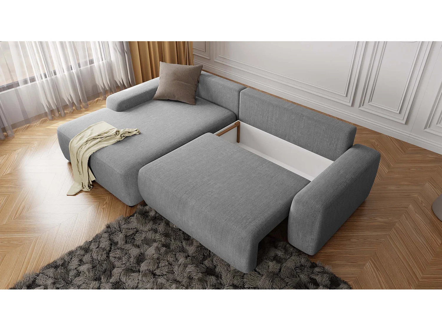Canapé d’angle avec fonction lit et coffre de rangement en tissu velours gris clair, agréable confort d’assise ALWIN
