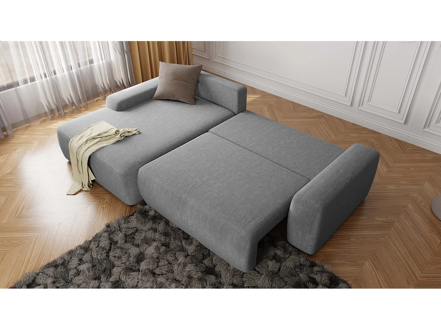 Canapé d’angle avec fonction lit et coffre de rangement en tissu velours gris clair, agréable confort d’assise ALWIN