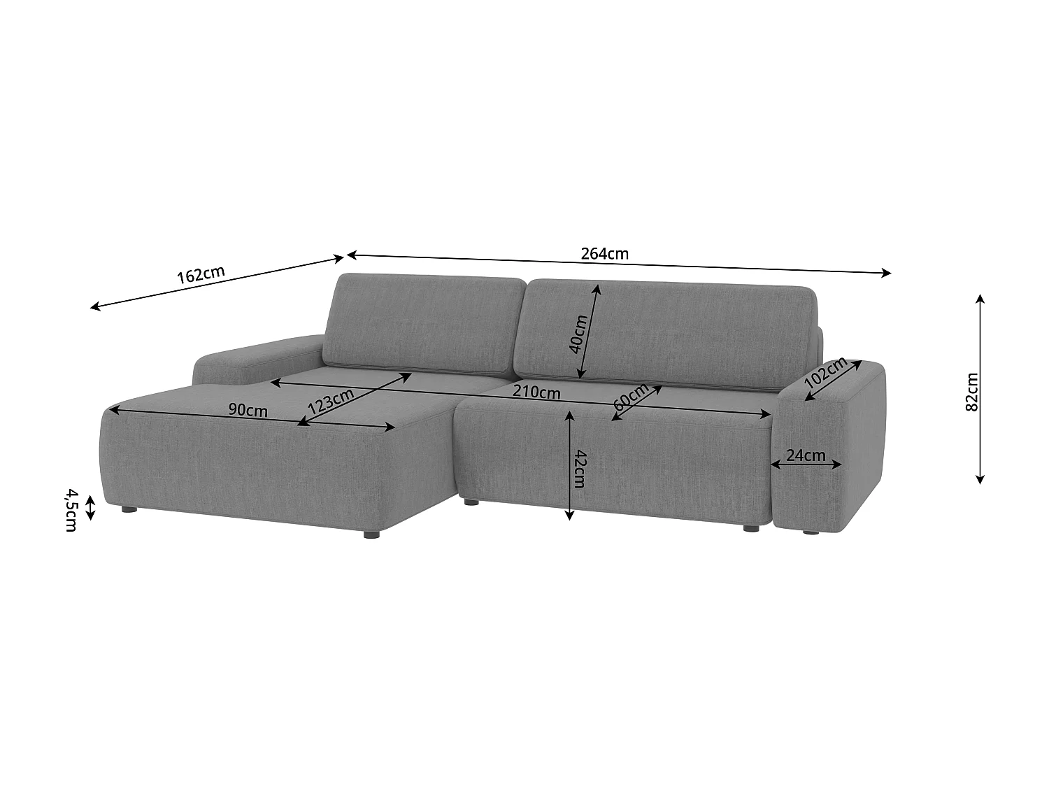 Canapé d’angle avec fonction lit et coffre de rangement en tissu velours gris clair, agréable confort d’assise ALWIN