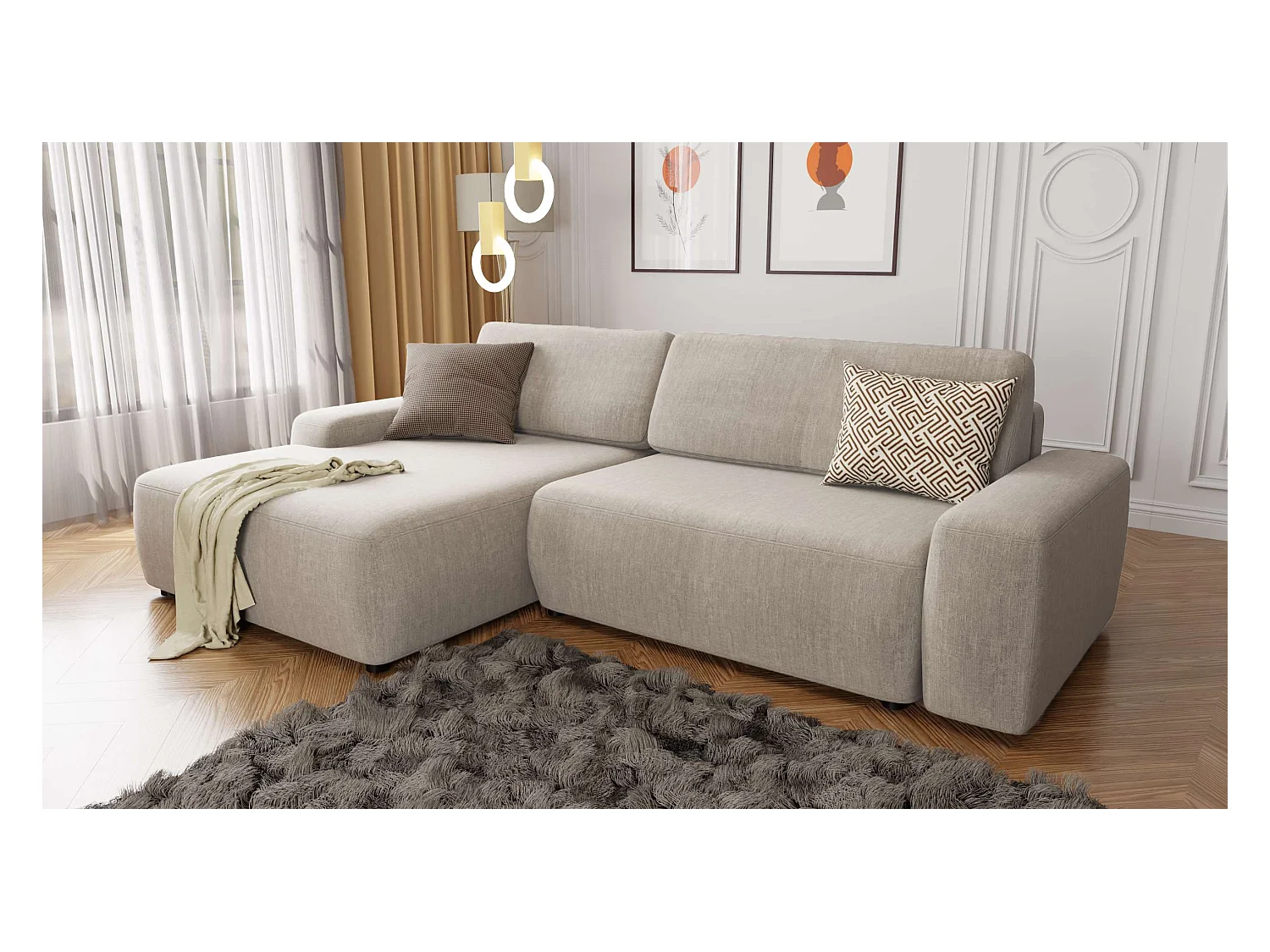 Canapé d’angle avec fonction lit et coffre de rangement en tissu velours beige, agréable confort d’assise ALWIN