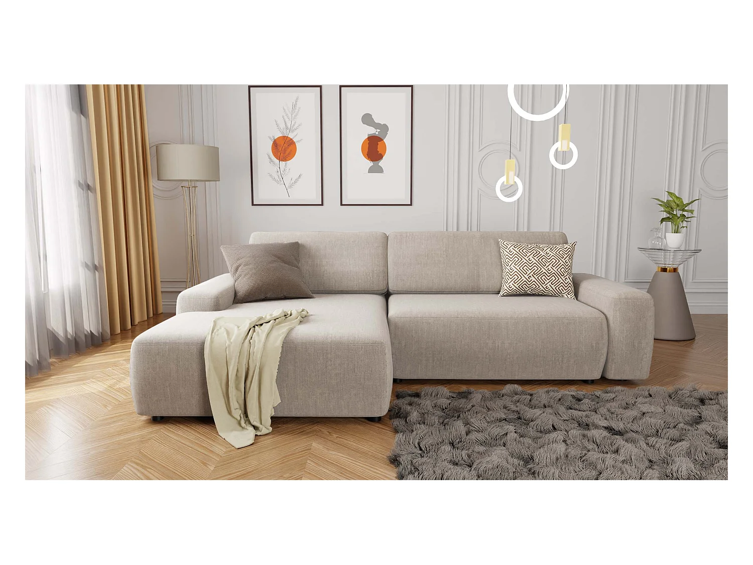 Canapé d’angle avec fonction lit et coffre de rangement en tissu velours beige, agréable confort d’assise ALWIN