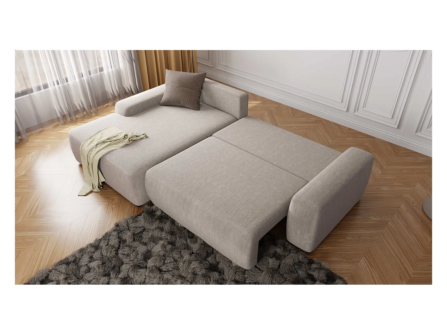Canapé d’angle avec fonction lit et coffre de rangement en tissu velours beige, agréable confort d’assise ALWIN