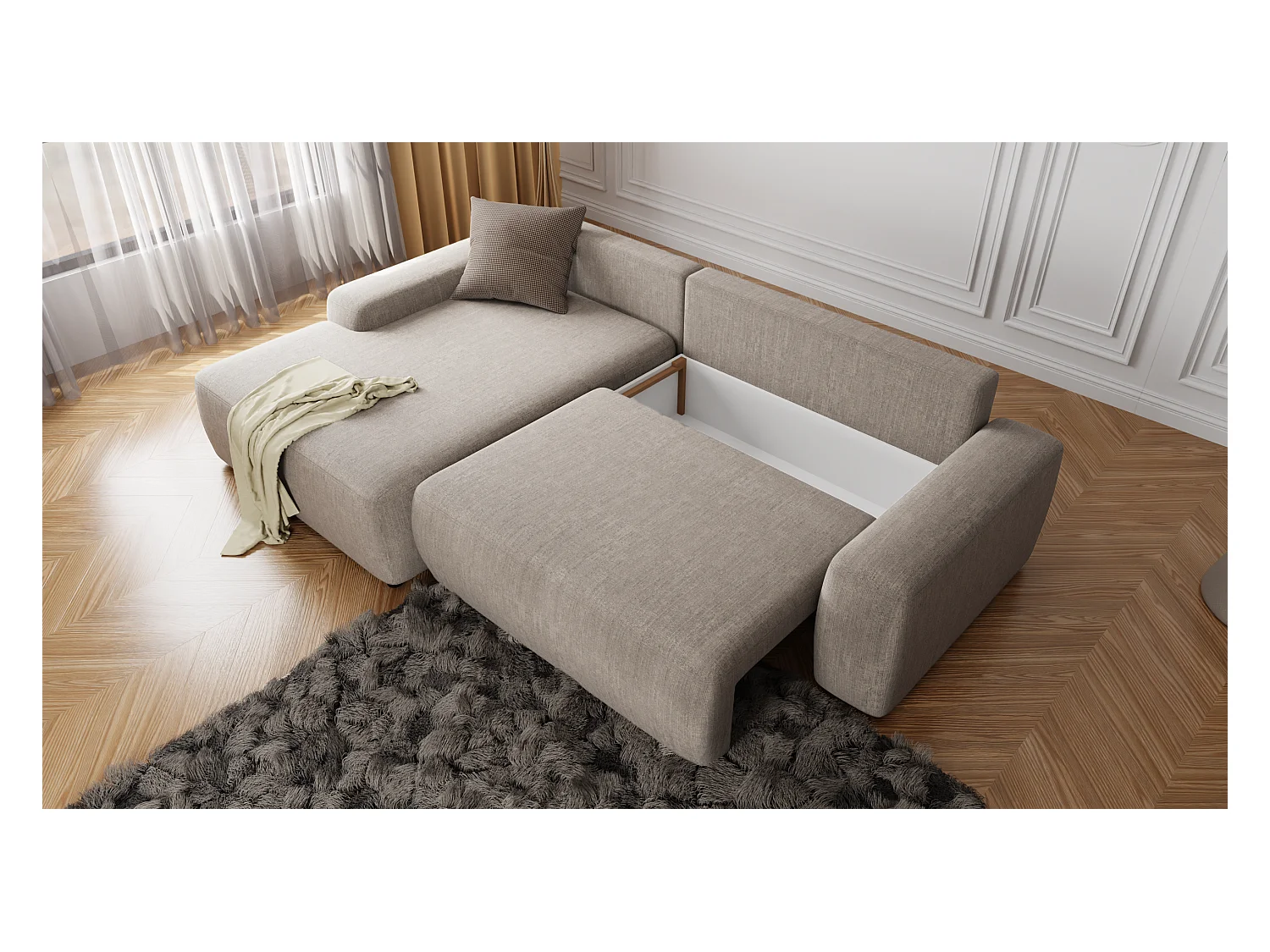 Canapé d’angle avec fonction lit et coffre de rangement en tissu velours beige, agréable confort d’assise ALWIN