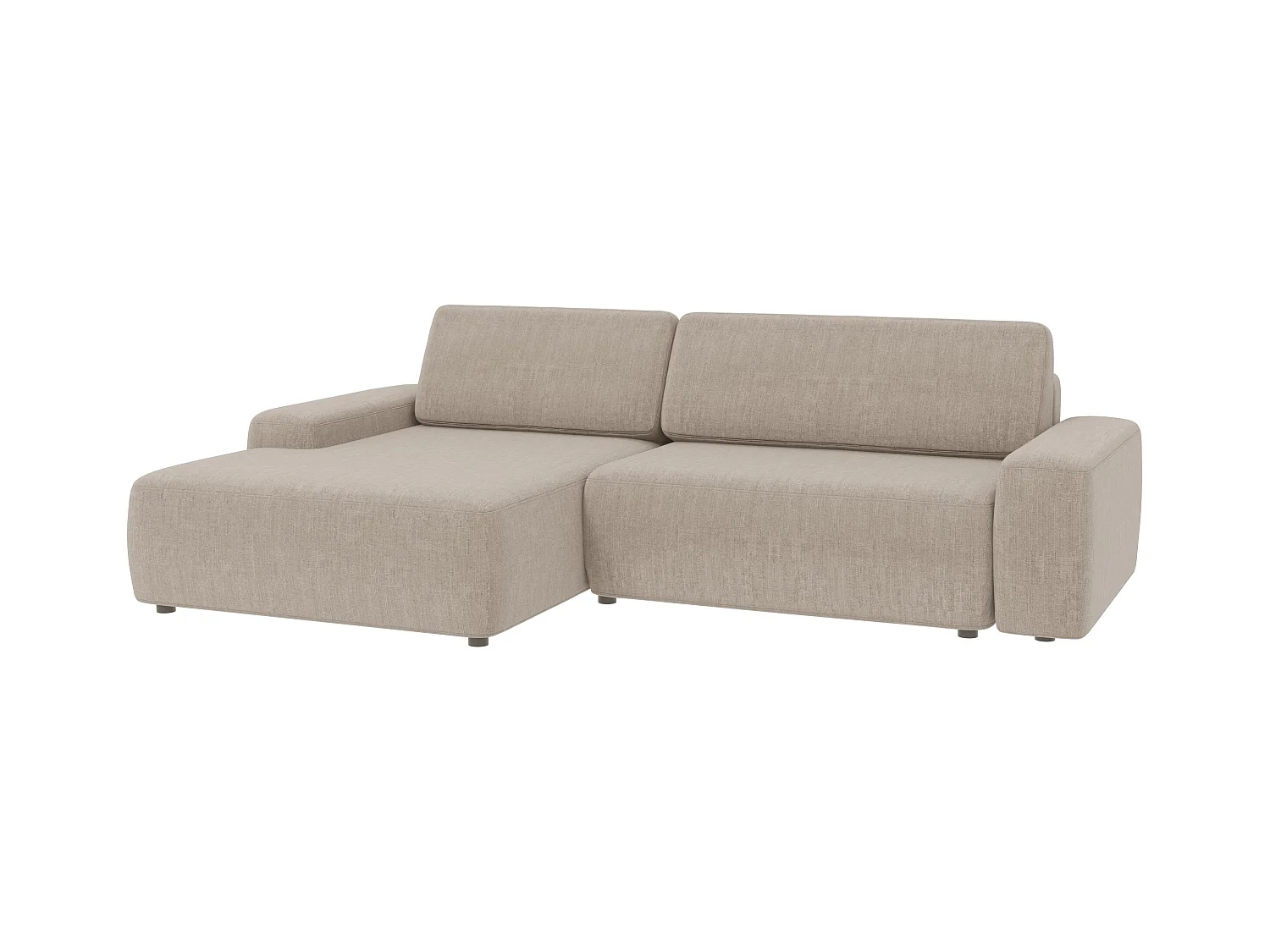 Canapé d’angle avec fonction lit et coffre de rangement en tissu velours beige, agréable confort d’assise ALWIN