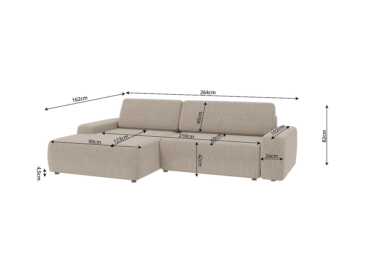 Canapé d’angle avec fonction lit et coffre de rangement en tissu velours beige, agréable confort d’assise ALWIN