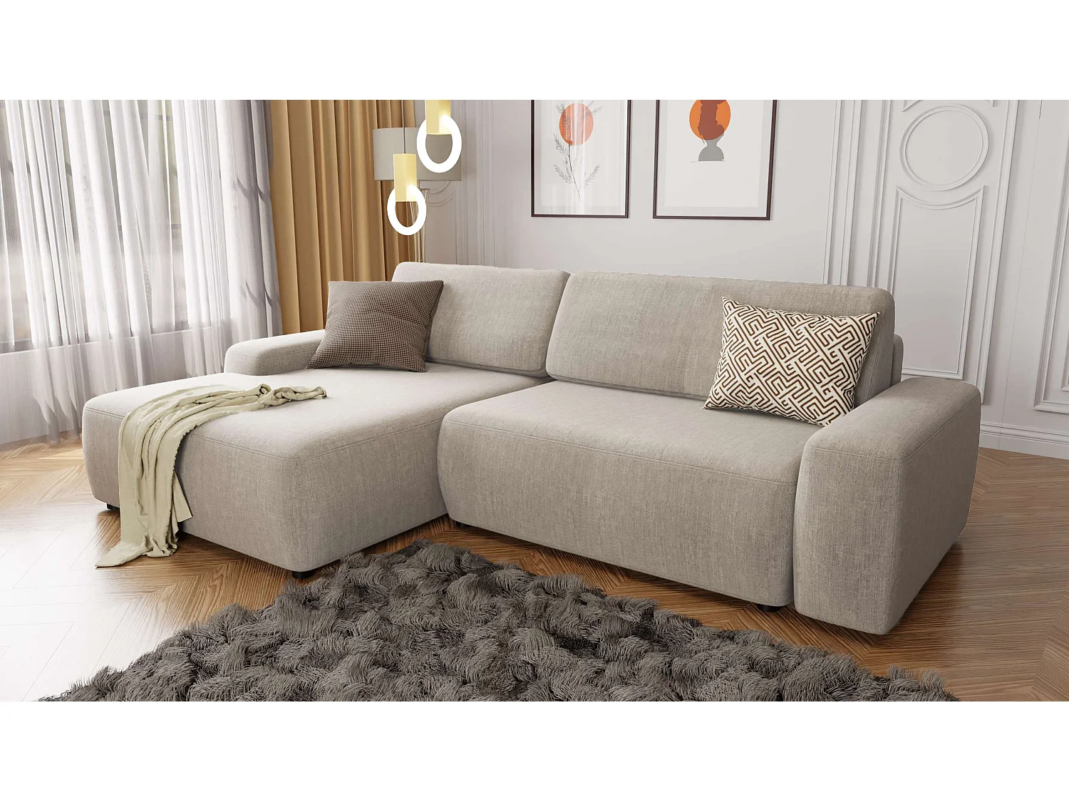 Canapé d’angle avec fonction lit et coffre de rangement en tissu velours beige, agréable confort d’assise ALWIN