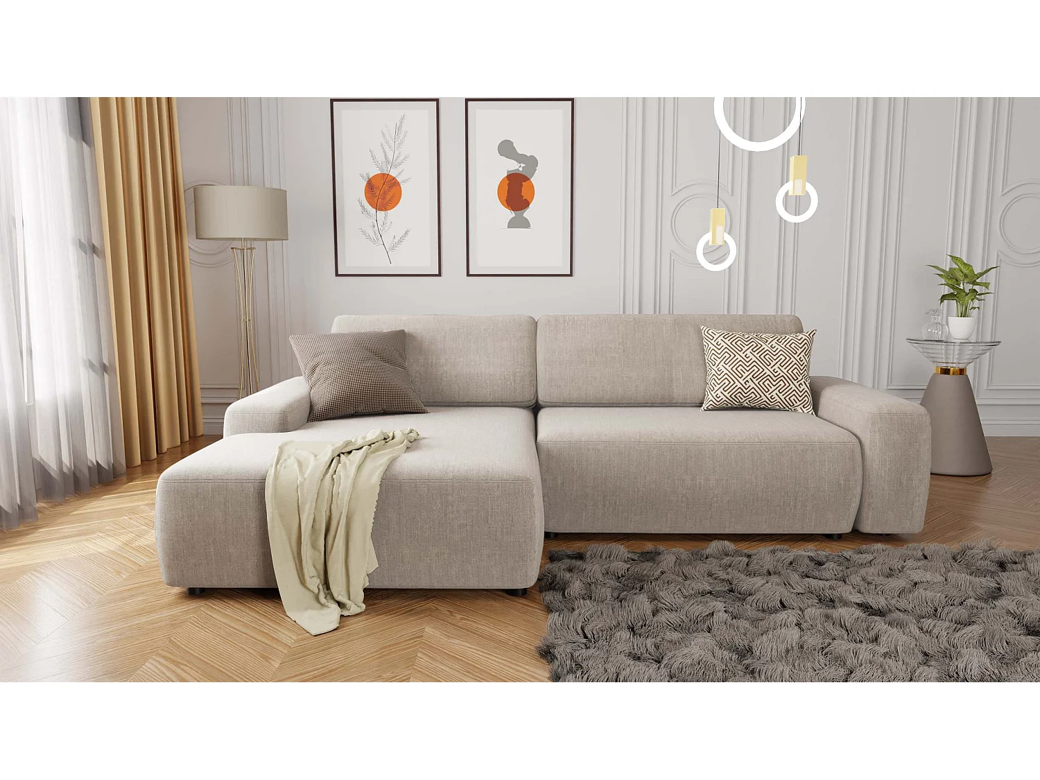 Canapé d’angle avec fonction lit et coffre de rangement en tissu velours beige, agréable confort d’assise ALWIN