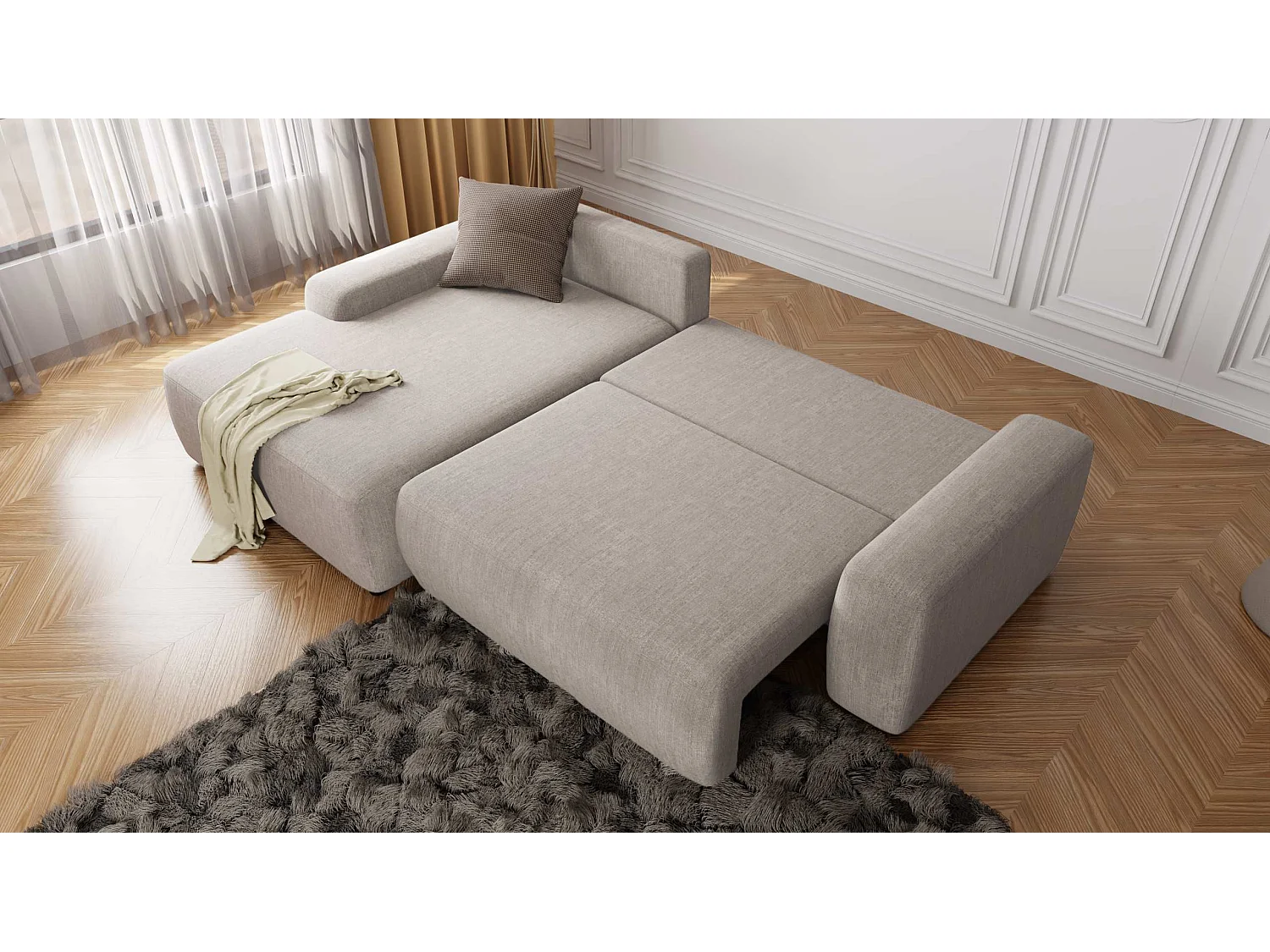 Canapé d’angle avec fonction lit et coffre de rangement en tissu velours beige, agréable confort d’assise ALWIN