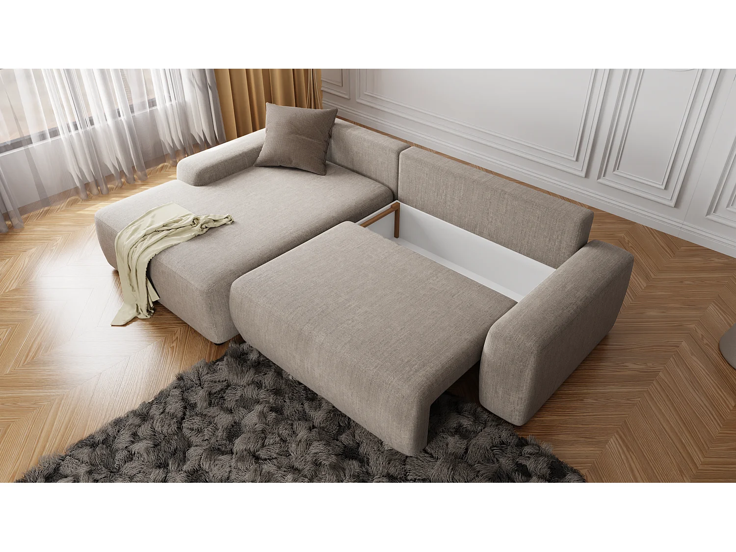 Canapé d’angle avec fonction lit et coffre de rangement en tissu velours beige, agréable confort d’assise ALWIN