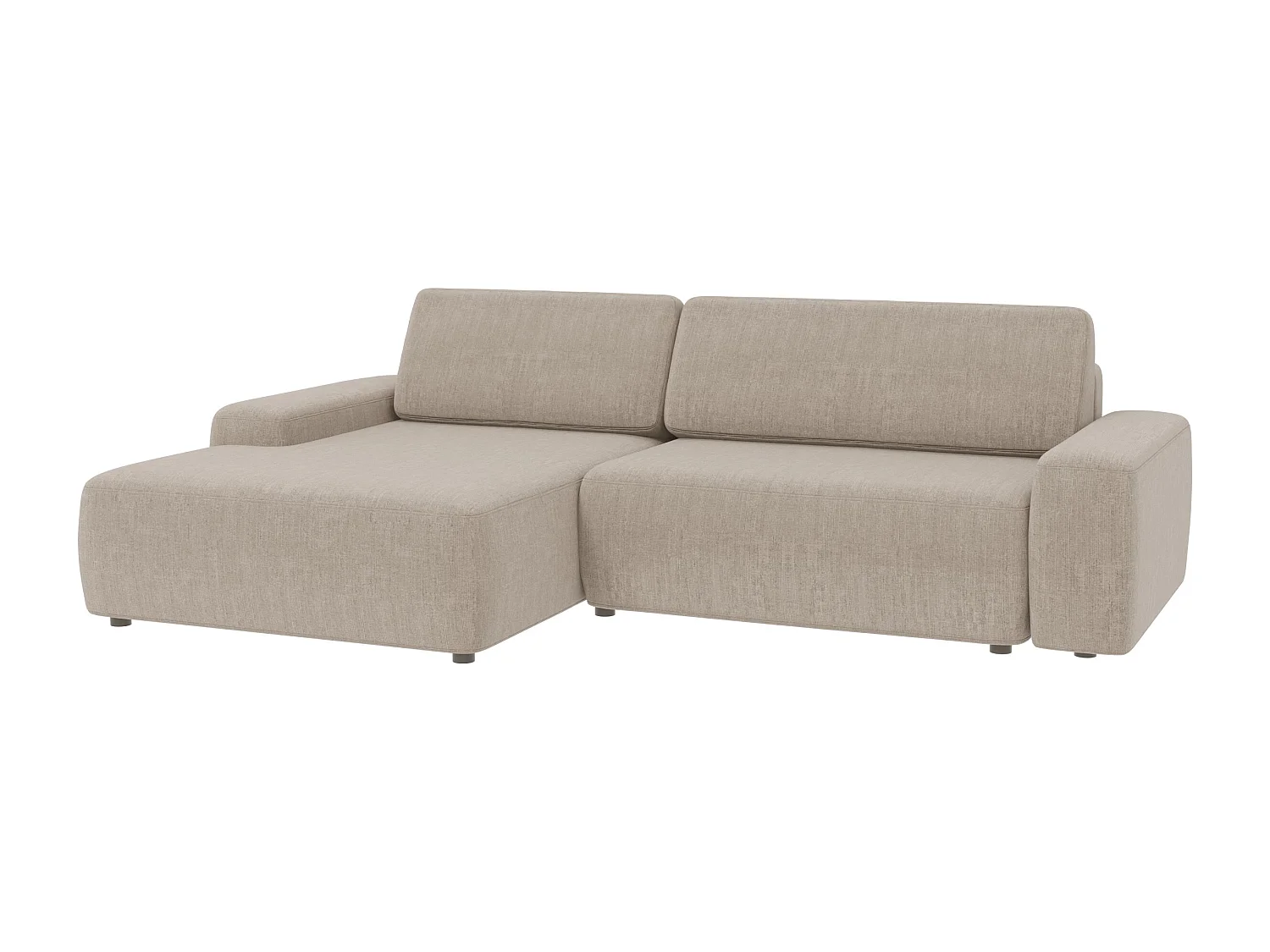 Canapé d’angle avec fonction lit et coffre de rangement en tissu velours beige, agréable confort d’assise ALWIN