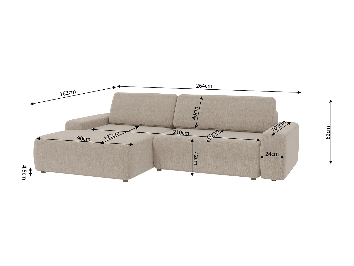 Canapé d’angle avec fonction lit et coffre de rangement en tissu velours beige, agréable confort d’assise ALWIN