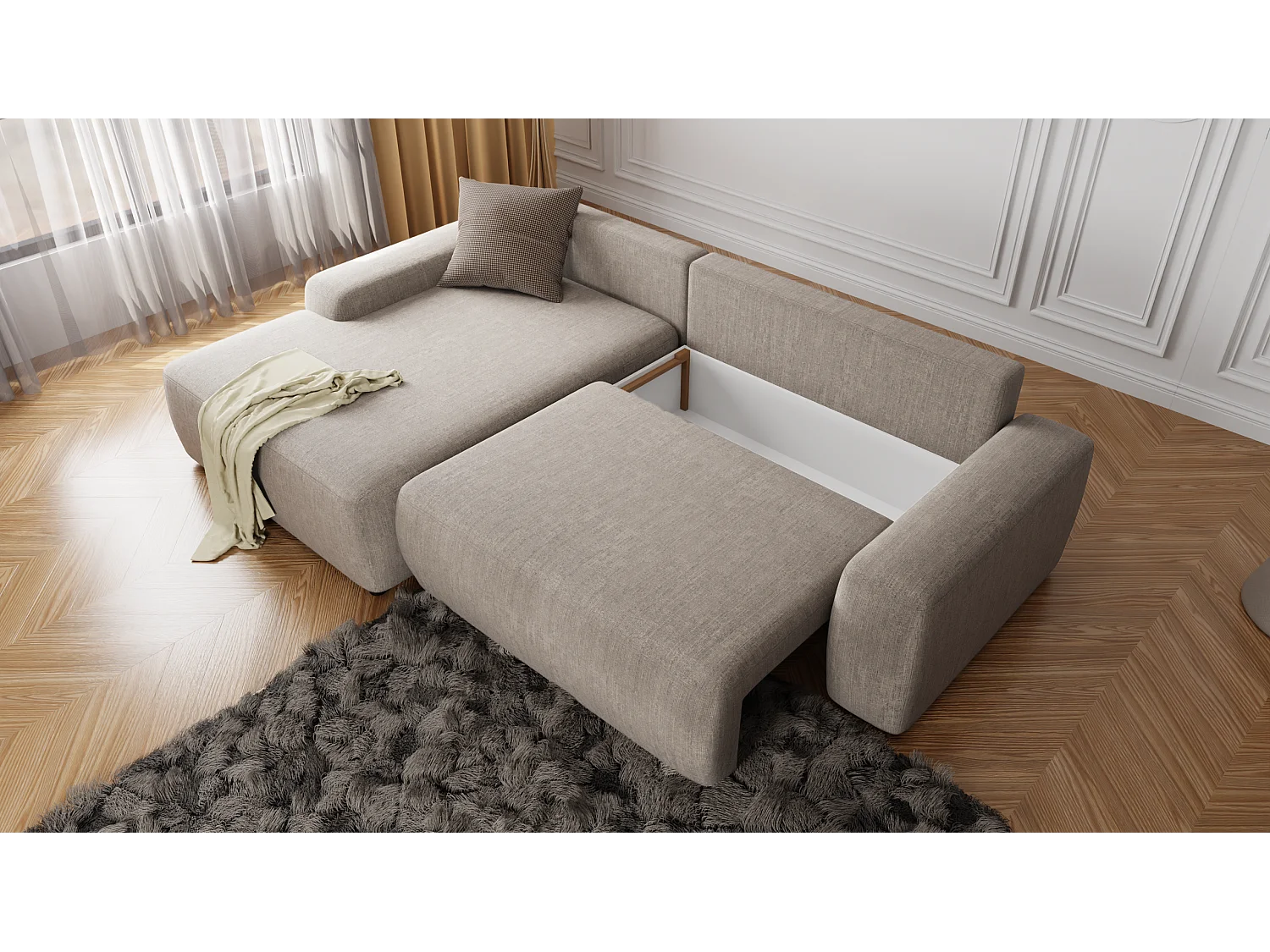 Canapé d’angle avec fonction lit et coffre de rangement en tissu velours beige, agréable confort d’assise ALWIN