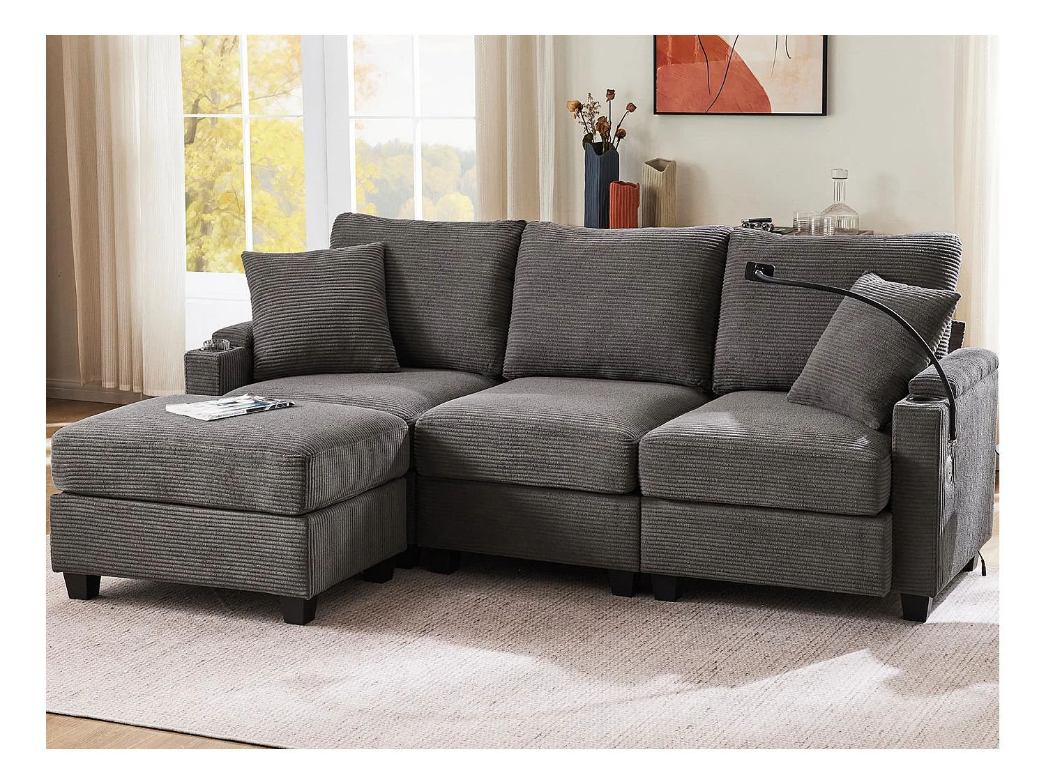 Canapé d'angle en L - 3 places - Avec repose-pieds + porte-gobelet - Chargeur USB - 2 coussins - Gris foncé