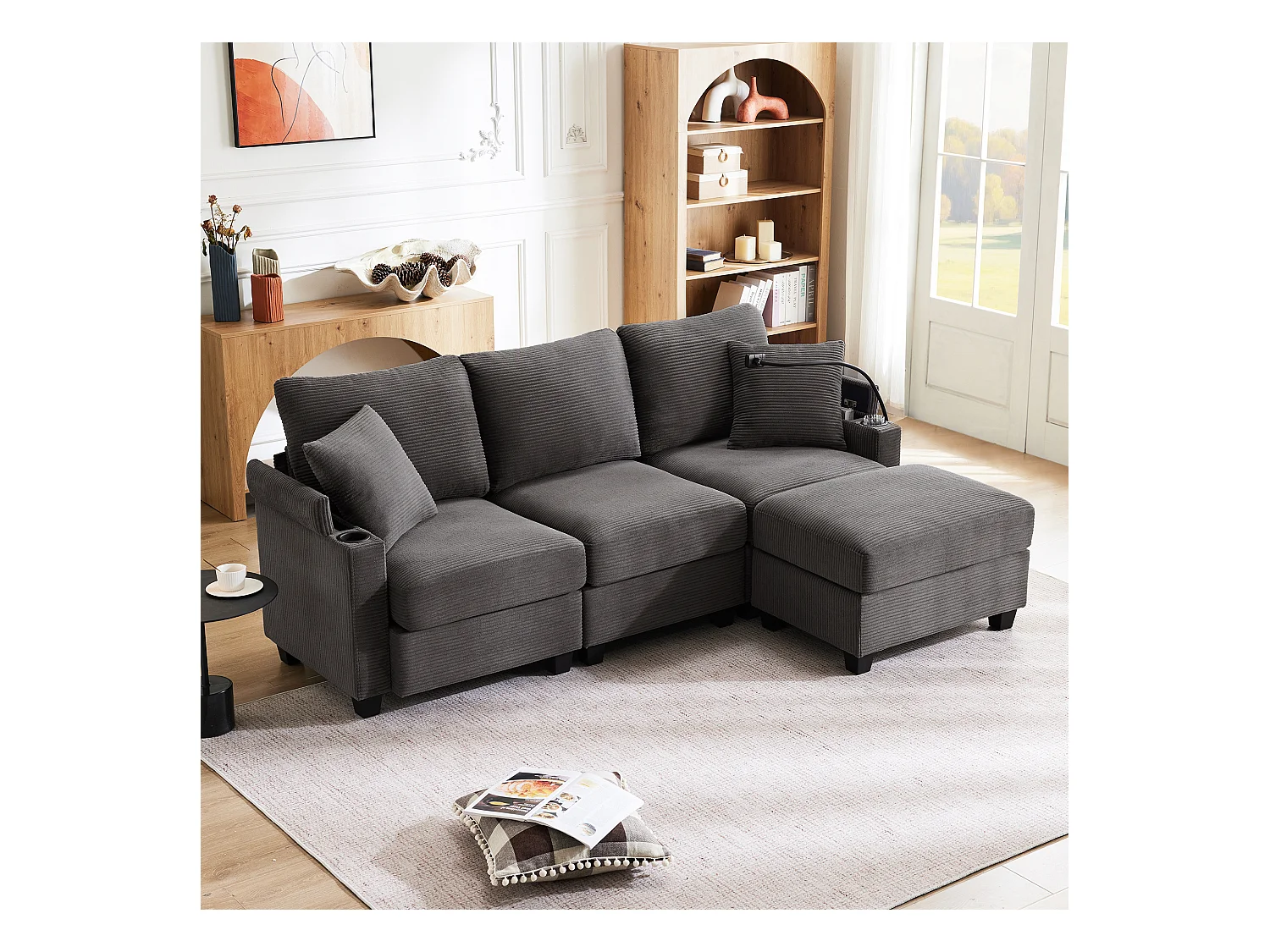 Canapé d'angle en L - 3 places - Avec repose-pieds + porte-gobelet - Chargeur USB - 2 coussins - Gris foncé