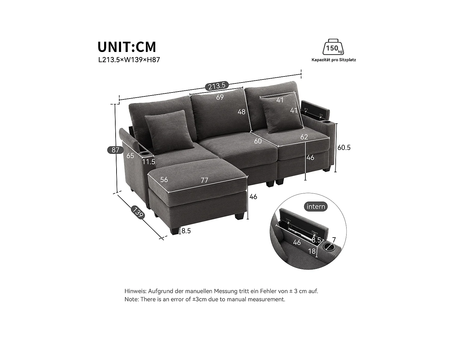 Canapé d'angle en L - 3 places - Avec repose-pieds + porte-gobelet - Chargeur USB - 2 coussins - Gris foncé