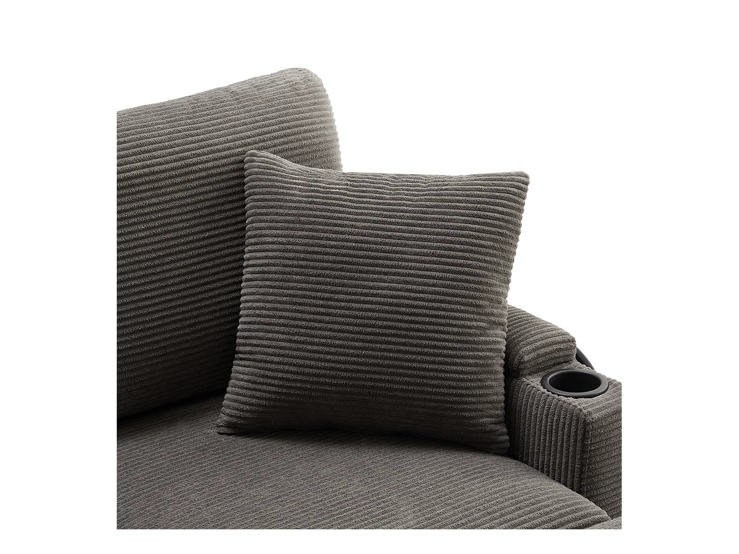 Canapé d'angle en L - 3 places - Avec repose-pieds + porte-gobelet - Chargeur USB - 2 coussins - Gris foncé