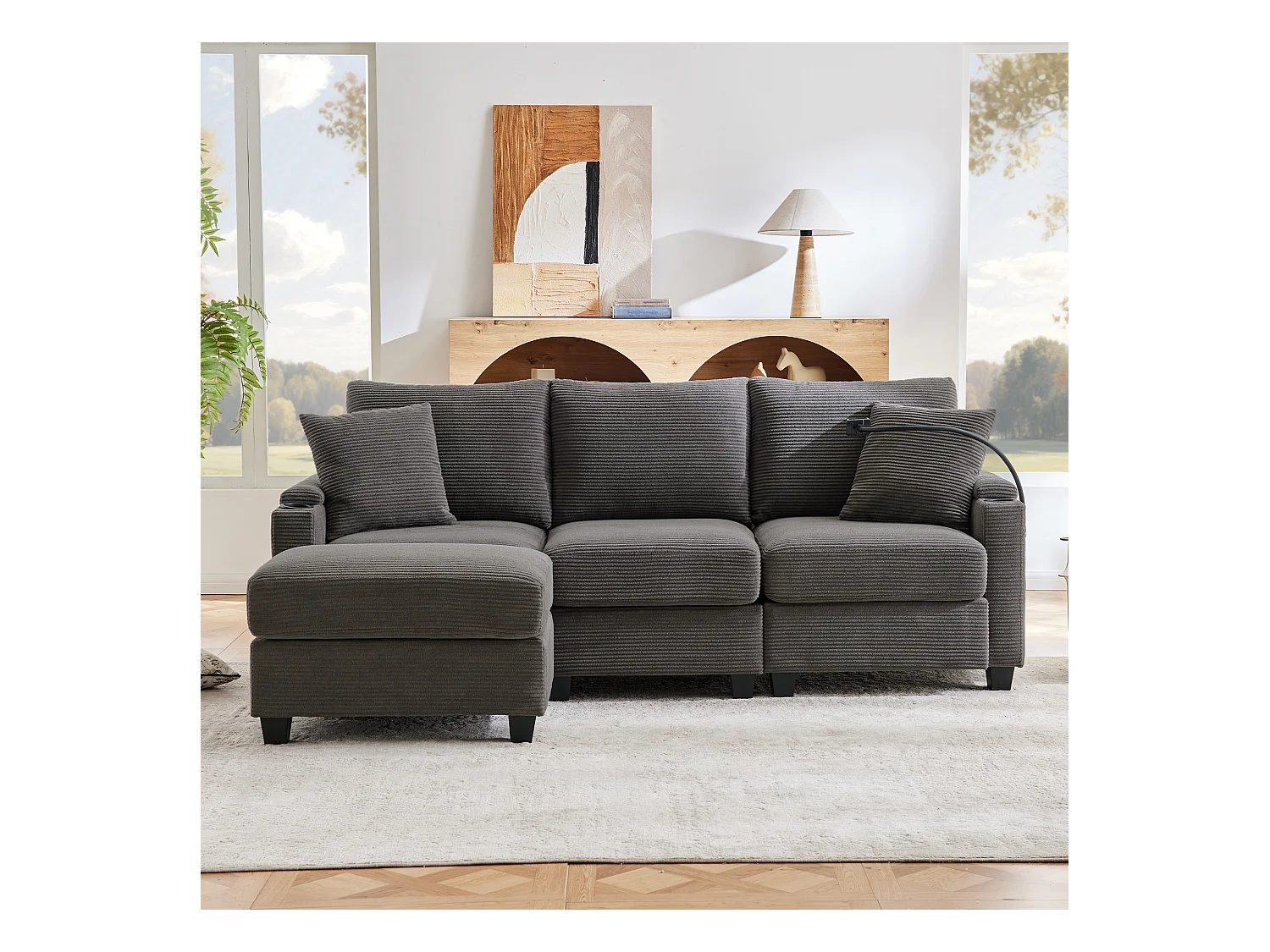 Canapé d'angle en L - 3 places - Avec repose-pieds + porte-gobelet - Chargeur USB - 2 coussins - Gris foncé