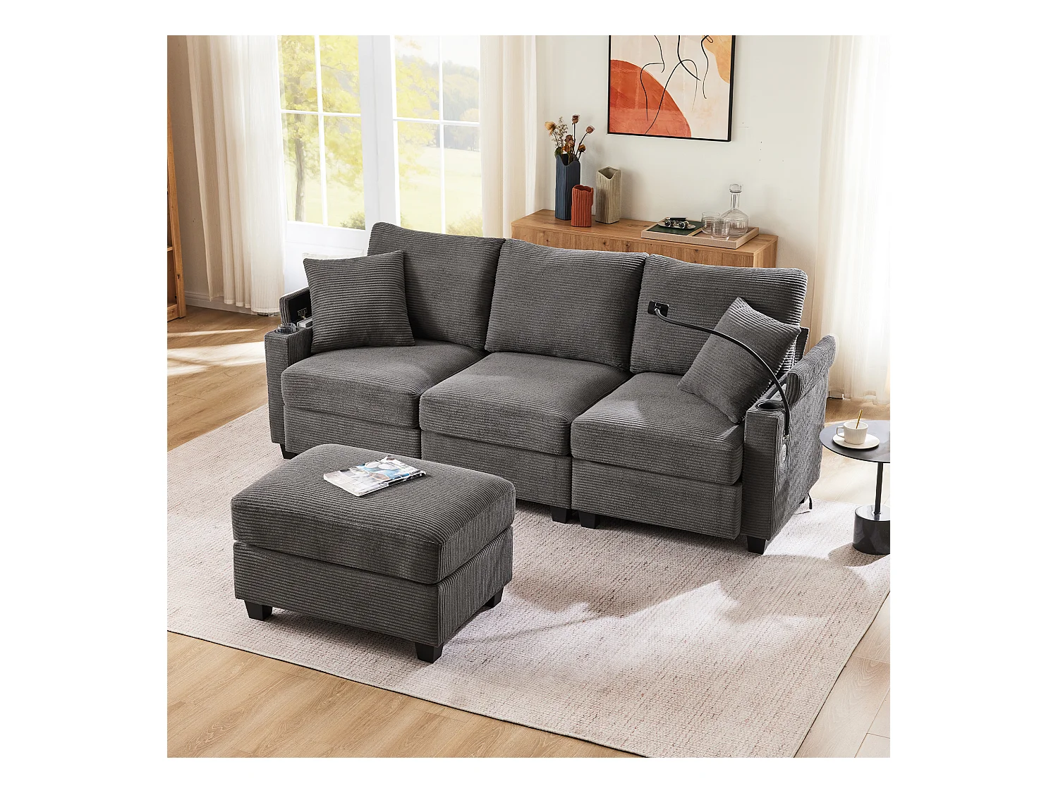 Canapé d'angle en L - 3 places - Avec repose-pieds + porte-gobelet - Chargeur USB - 2 coussins - Gris foncé