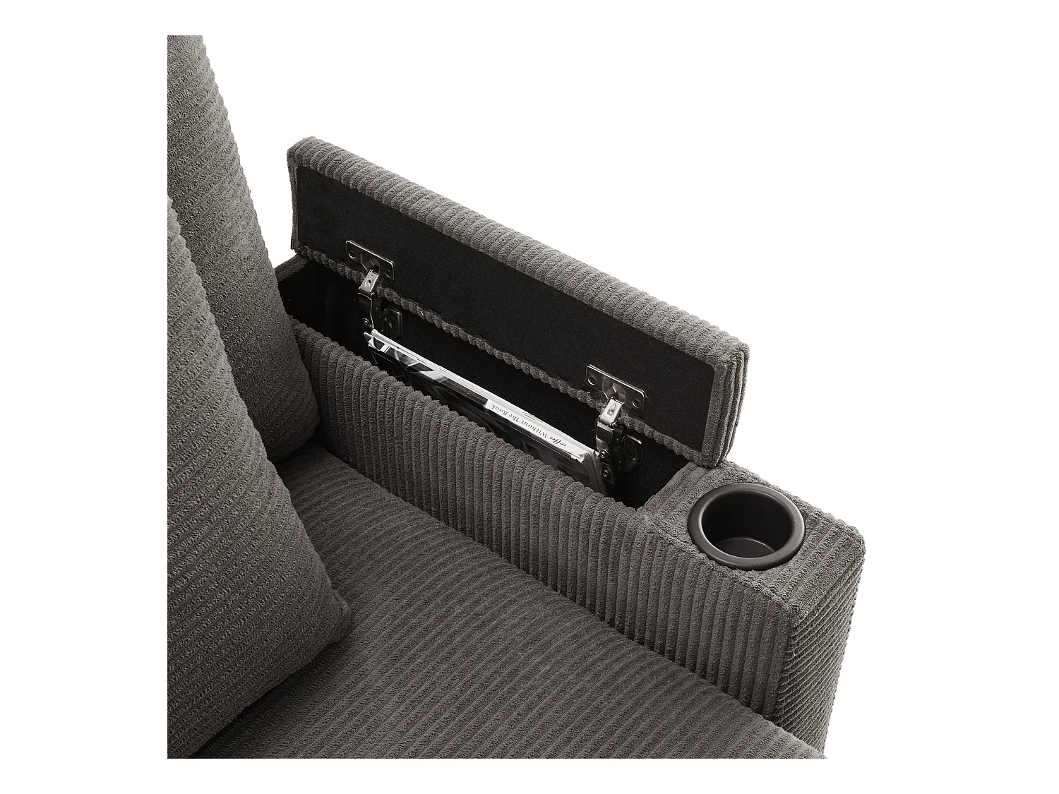 Canapé d'angle en L - 3 places - Avec repose-pieds + porte-gobelet - Chargeur USB - 2 coussins - Gris foncé