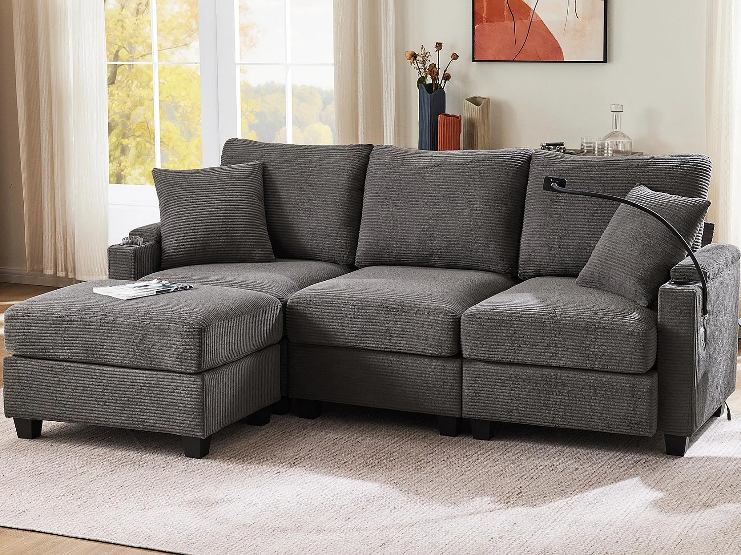 Canapé d'angle en L - 3 places - Avec repose-pieds + porte-gobelet - Chargeur USB - 2 coussins - Gris foncé