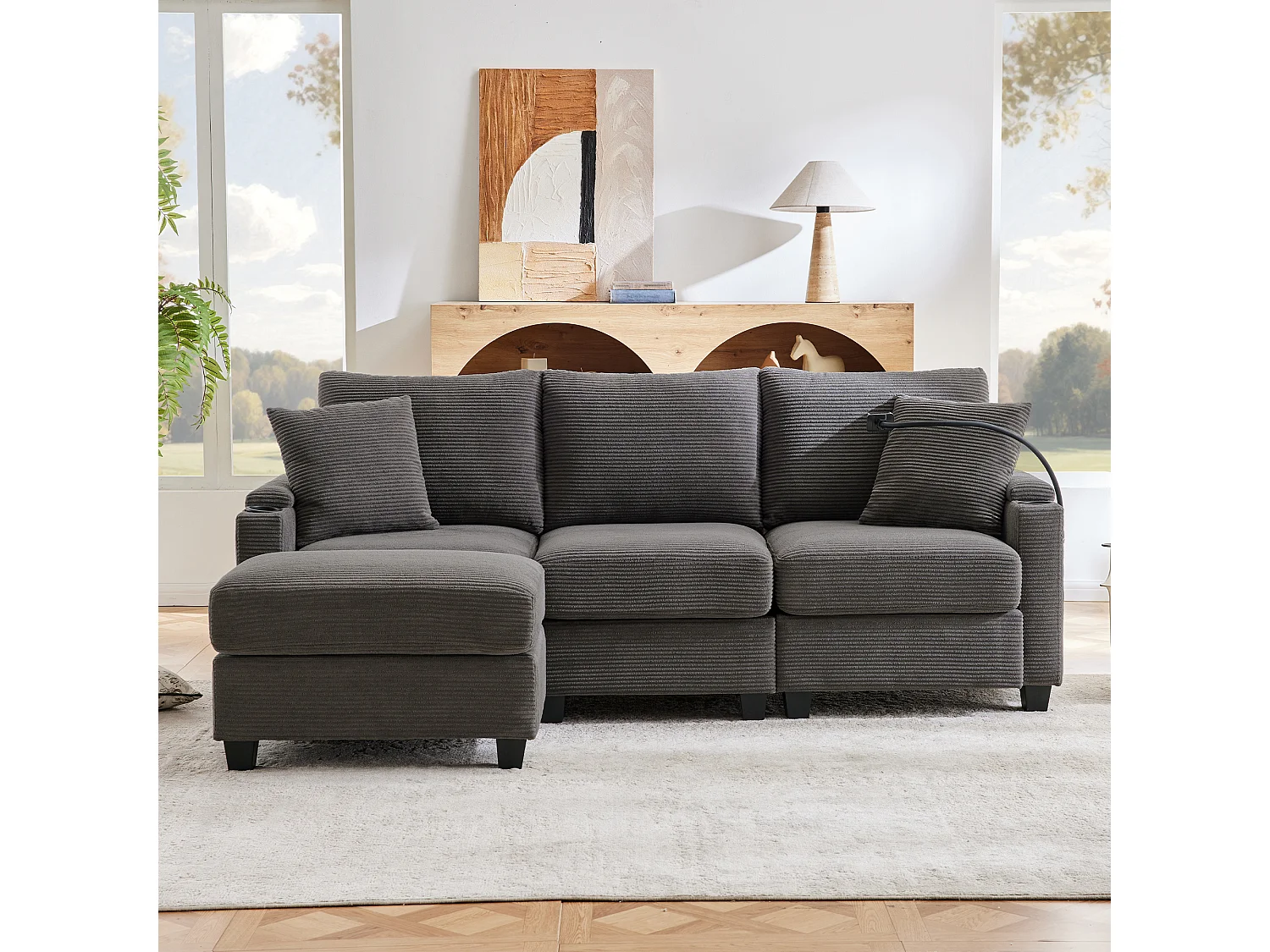 Canapé d'angle en L - 3 places - Avec repose-pieds + porte-gobelet - Chargeur USB - 2 coussins - Gris foncé