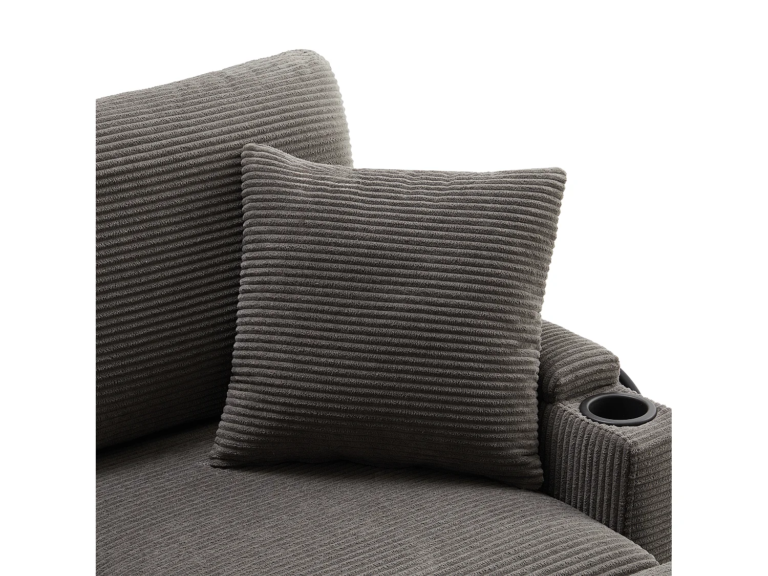 Canapé d'angle en L - 3 places - Avec repose-pieds + porte-gobelet - Chargeur USB - 2 coussins - Gris foncé