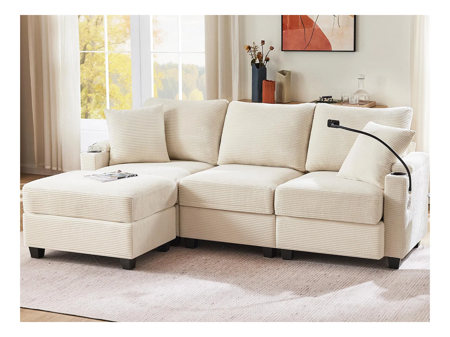 Canapé d'angle en L - 3 places - Avec repose-pieds + porte-gobelet - Chargeur USB - 2 coussins - Beige