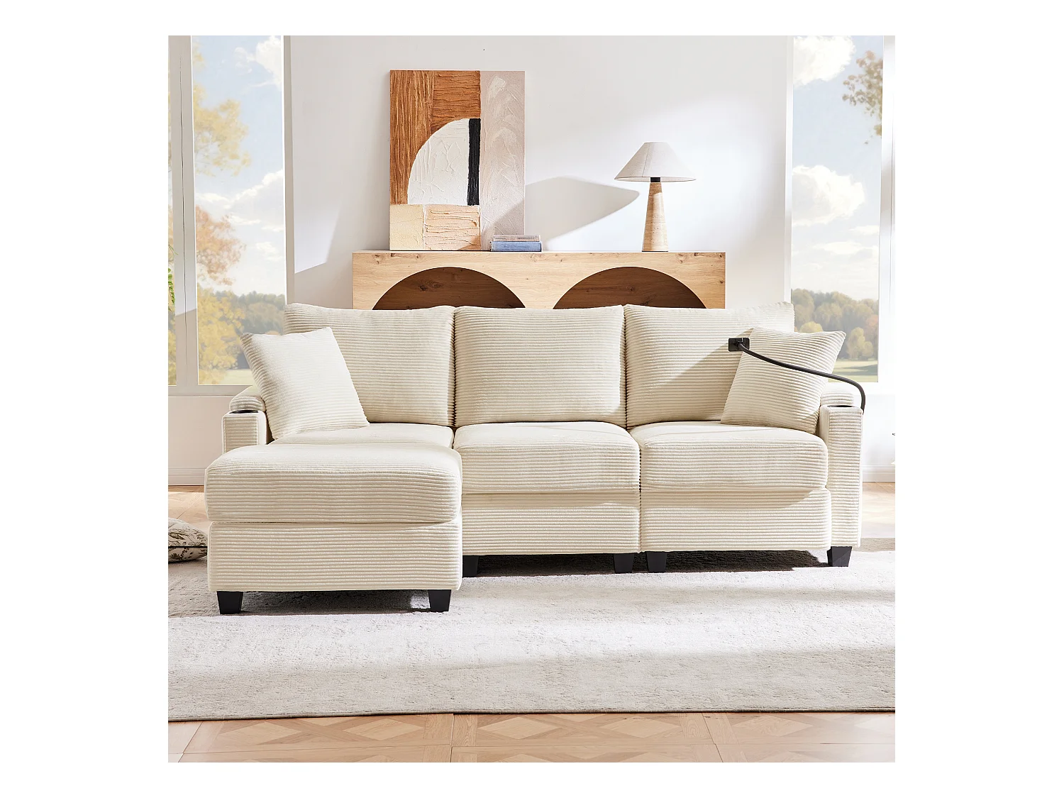 Canapé d'angle en L - 3 places - Avec repose-pieds + porte-gobelet - Chargeur USB - 2 coussins - Beige