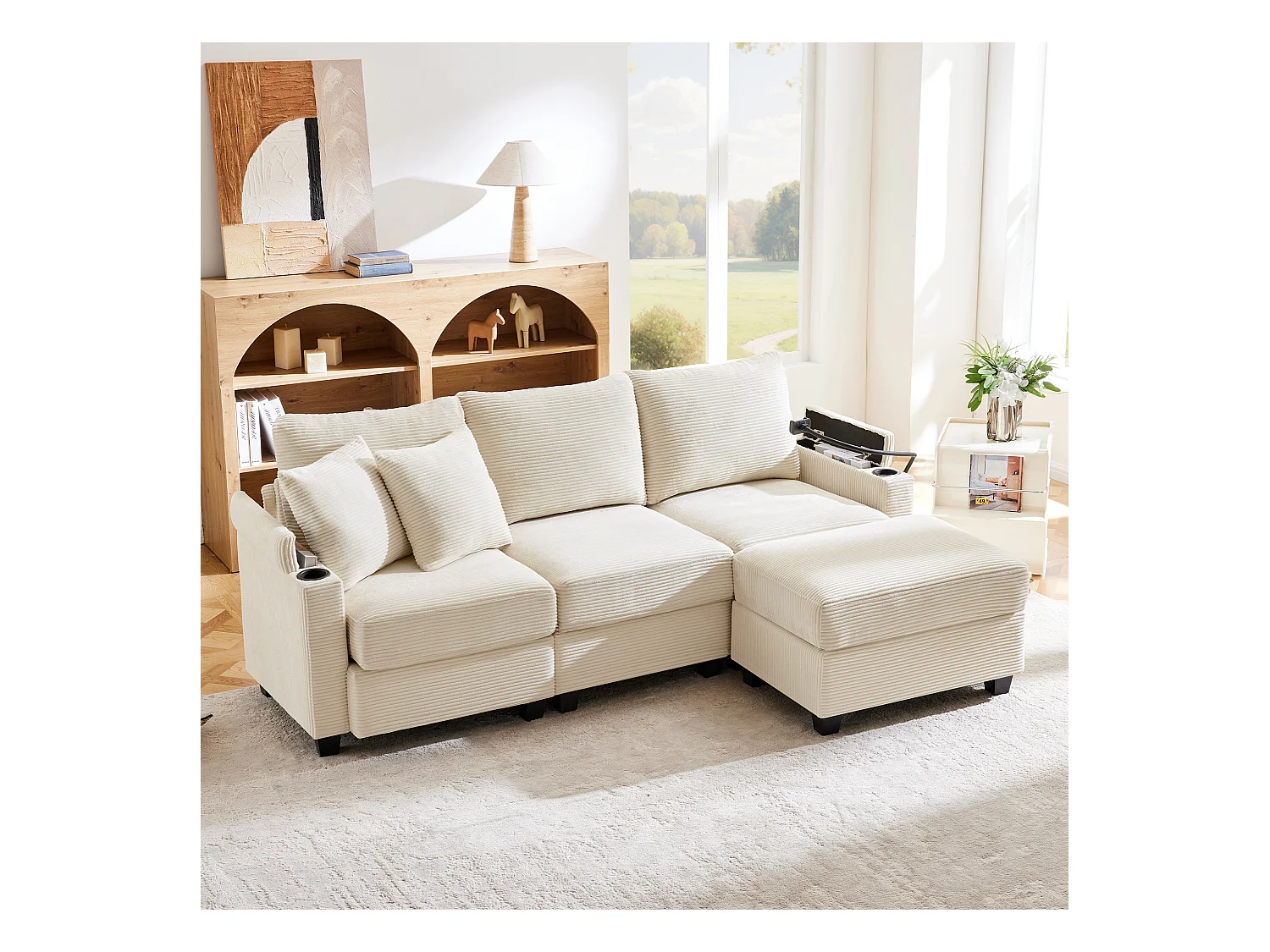Canapé d'angle en L - 3 places - Avec repose-pieds + porte-gobelet - Chargeur USB - 2 coussins - Beige