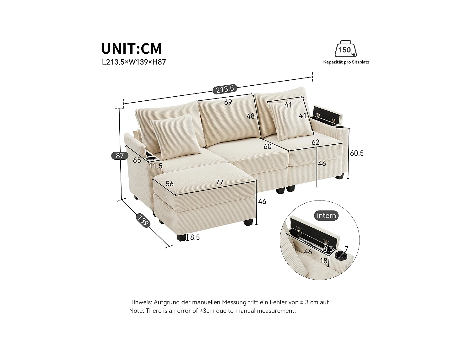 Canapé d'angle en L - 3 places - Avec repose-pieds + porte-gobelet - Chargeur USB - 2 coussins - Beige